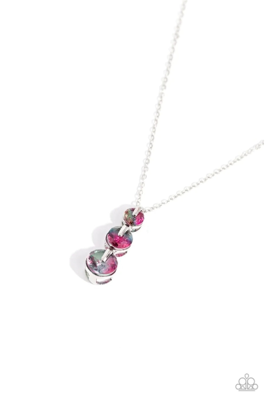 Ombre Obsession - Green and Silver Necklace - Paparazzi Accessories - Featuring a UV finish, a collection of blue, green, and pink gems are set in elevated, pronged silver fittings as they gradually increase in size along a dainty silver chain to create a prismatic, ombré display.