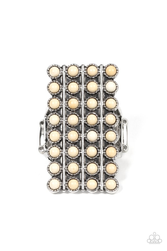 Pack Your SADDLEBAGS - White and Silver Ring - Paparazzi Accessories - Bordered in antiqued silver studs, rows of dainty white stones boldly stack up the finger across the front of an oversized rectangular silver frame for an earthy vibe atop the finger.