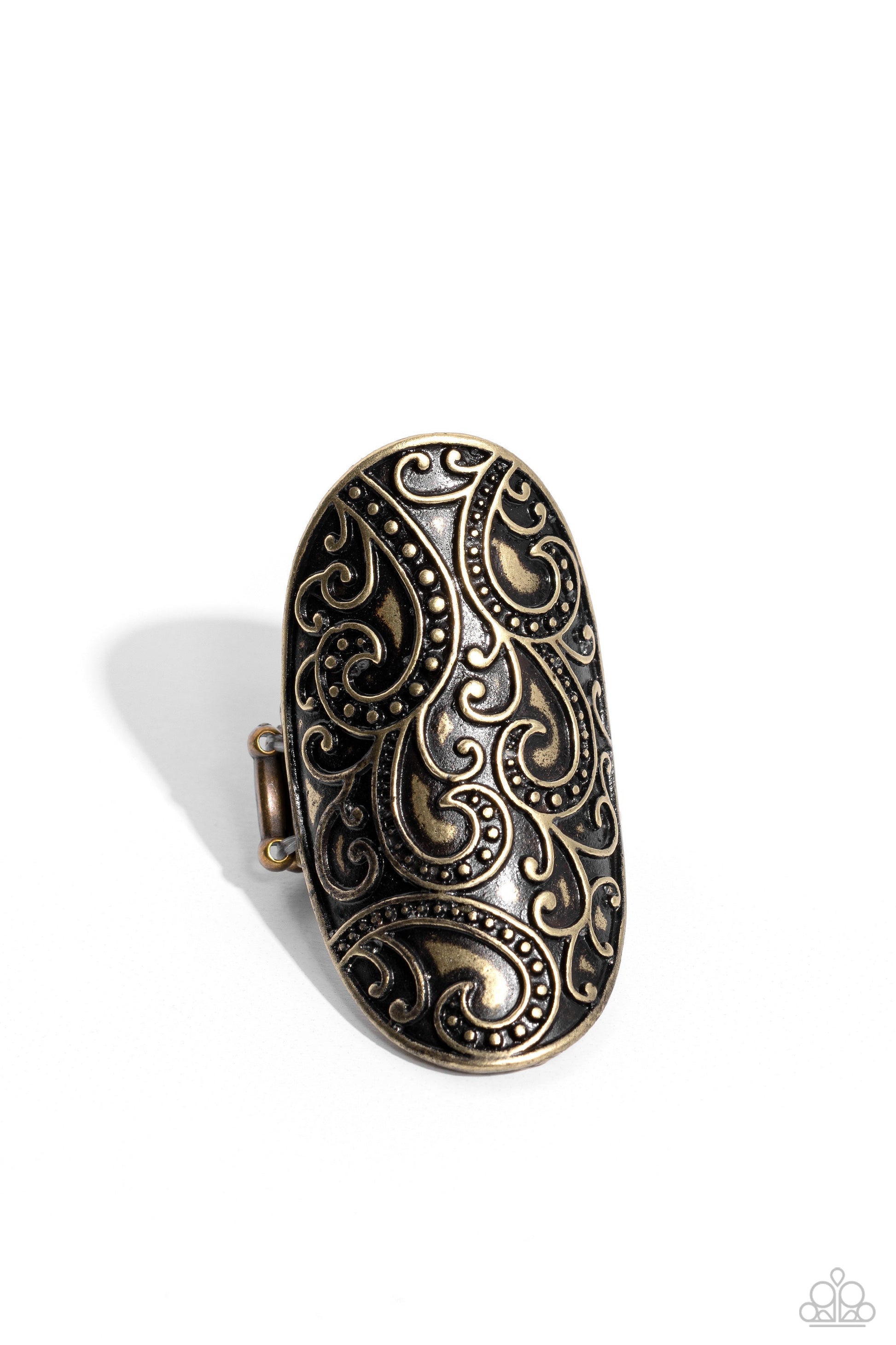 PAISLEY for You - Brass Fashion Ring - Paparazzi Accessories - Embossed in a studded paisley pattern, a thick brass frame folds around the finger for a whimsically vintage look. Features a stretchy band for a flexible fit. Sold as one individual ring.