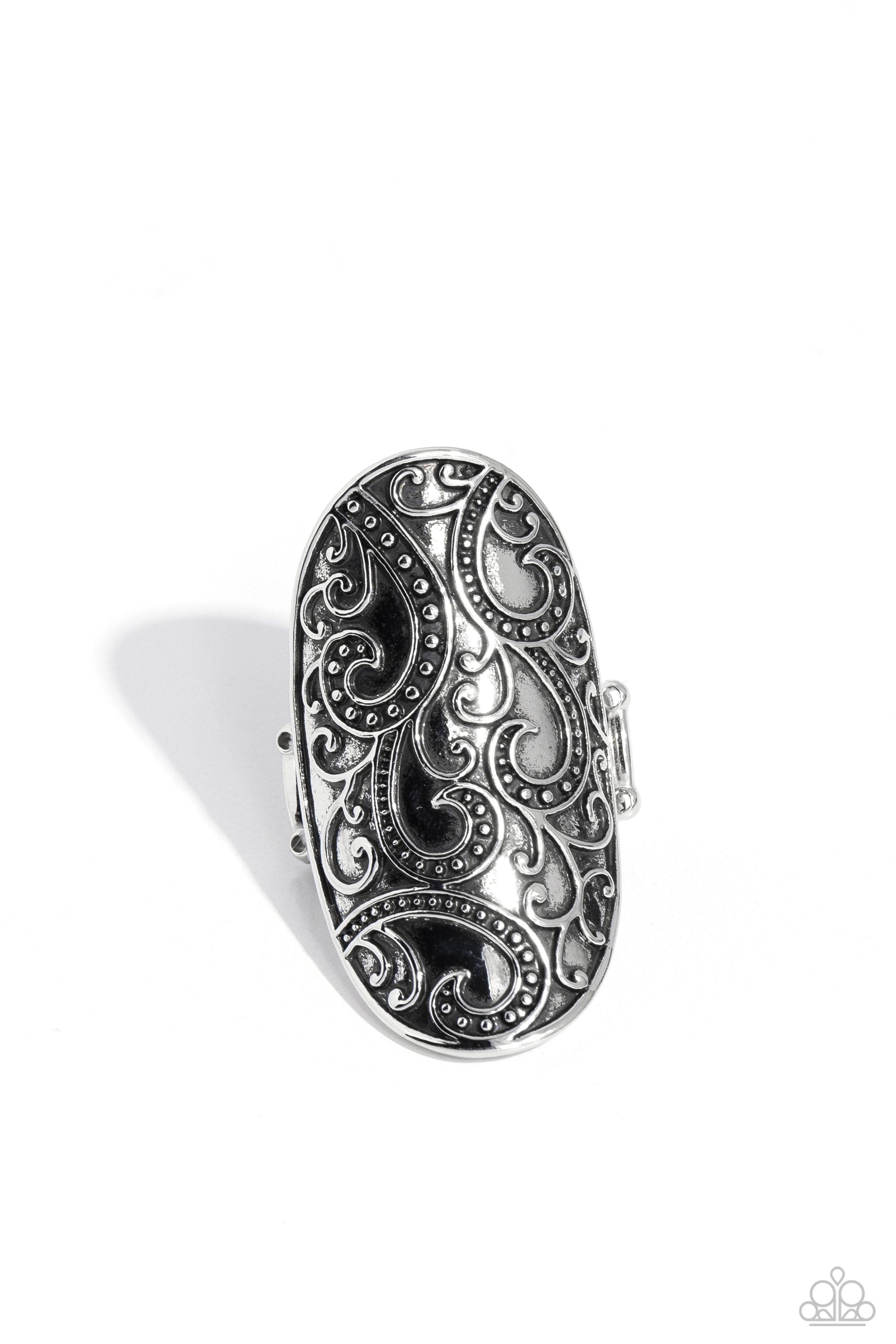 PAISLEY for You - Silver Fashion Ring - Paparazzi Accessories - Embossed in a studded paisley pattern, a thick antiqued silver frame folds around the finger for a whimsically vintage look.