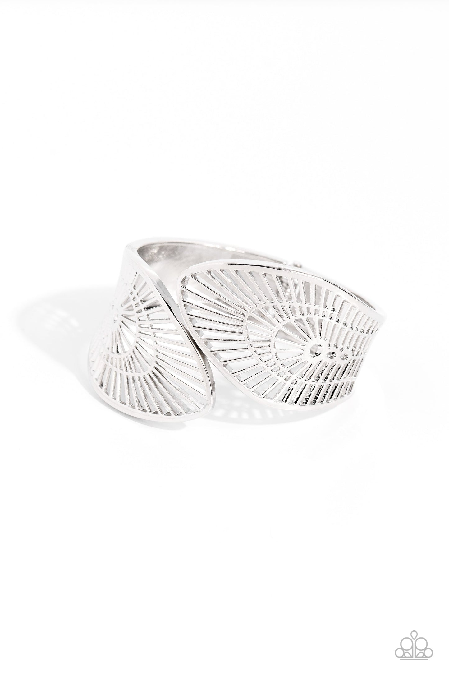 Palatial Palms - Silver Fashion Bracelet - Paparazzi Accessories - Glistening silver bars coalesce into an airy stenciled palm leaf-like bracelet around the wrist for a whimsically metallic look. Features a hinged closure.