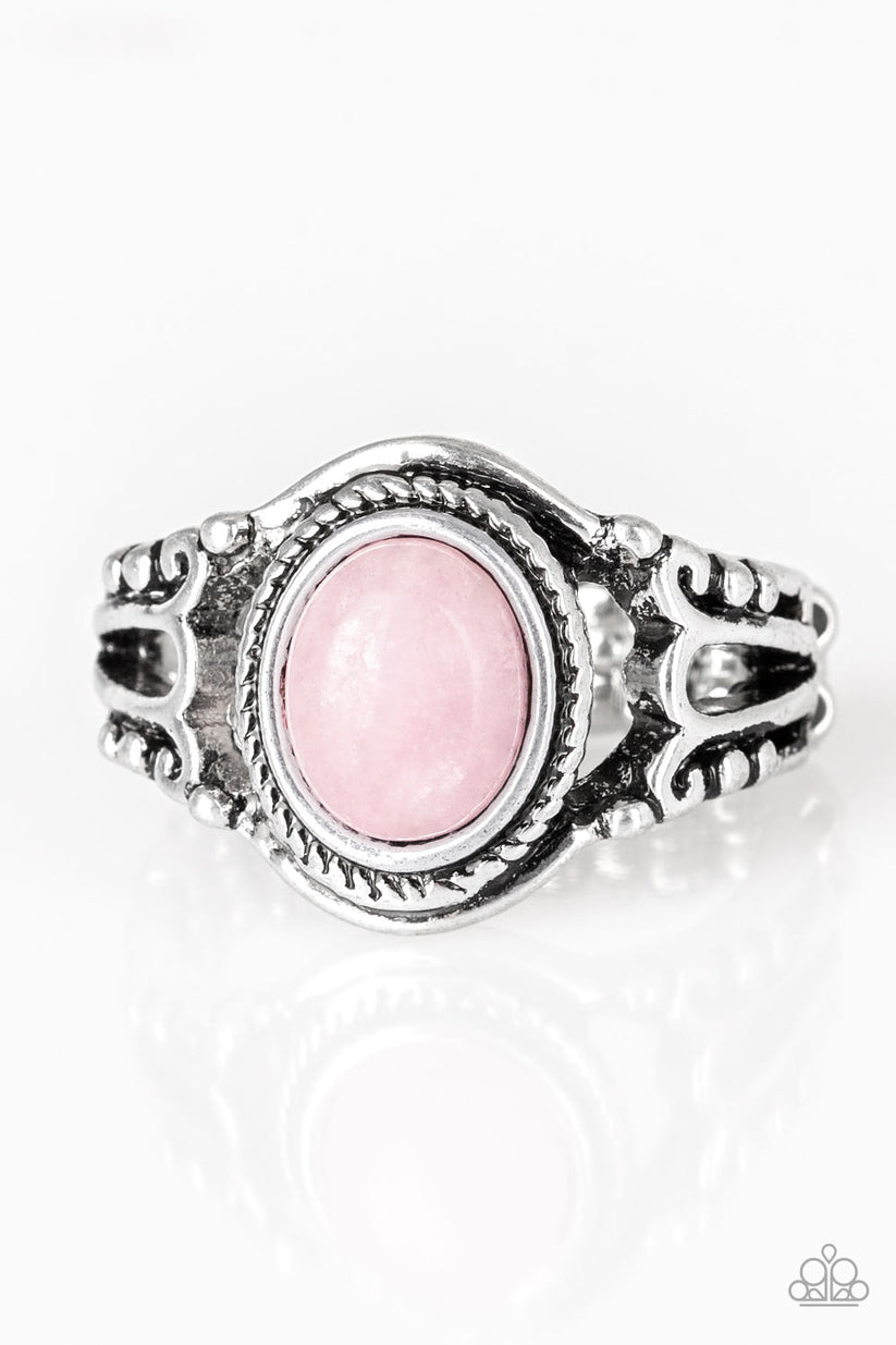 Peacefully Peaceful - Pink and Silver Ring - Paparazzi Accessories - A tranquil pink stone is pressed into the center of a studded silver band for a seasonal look. Features a dainty stretchy band for a flexible fit. Sold as one individual ring.