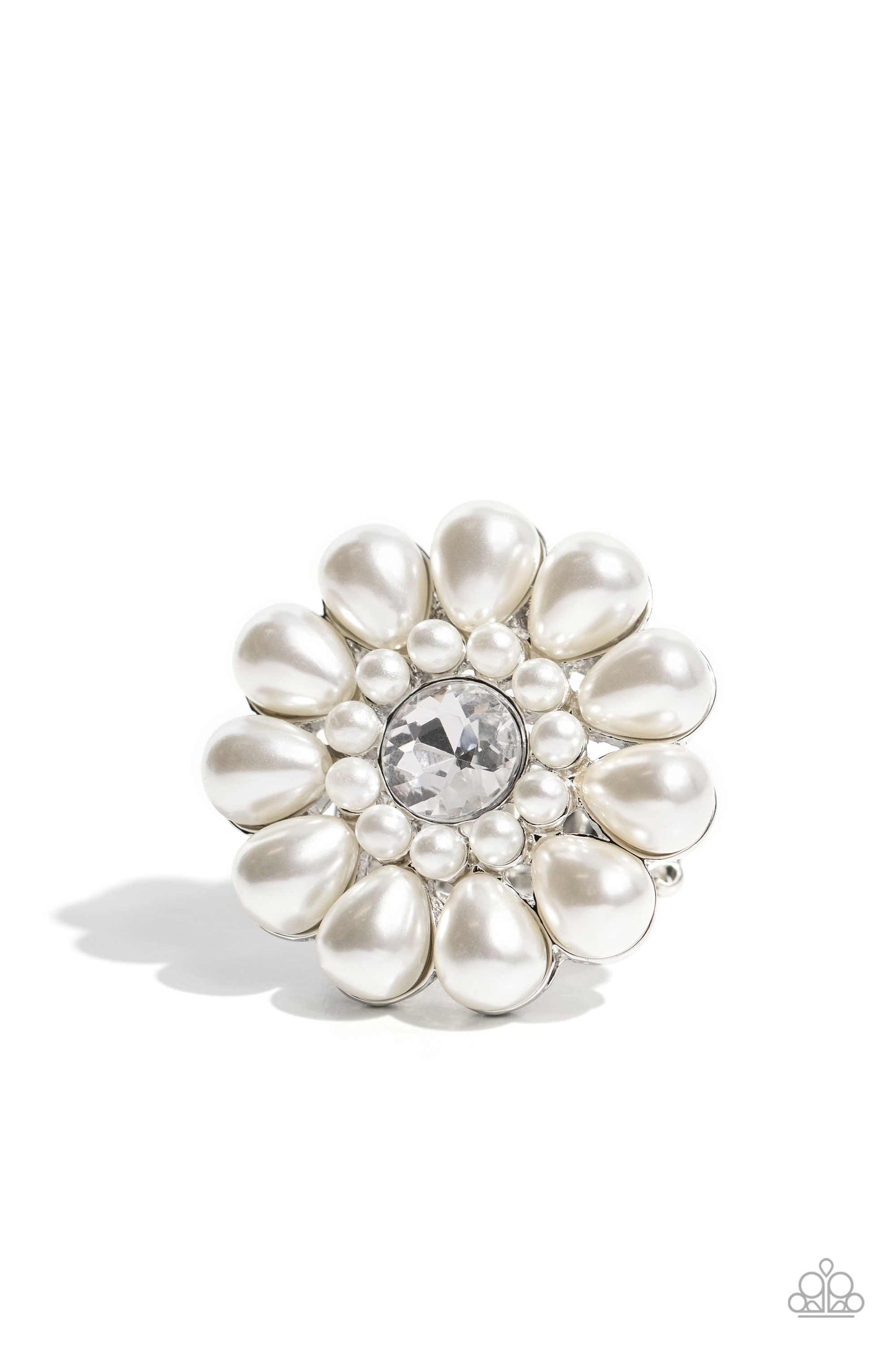PEARL Talk - White Pearl - Silver Ring - Paparazzi Accessories - Featuring a glassy white gem center, bubbly oversized pearl petals fan out from dainty pearl settings atop the finger on airy silver bands for a sophisticated floral fashion ring.