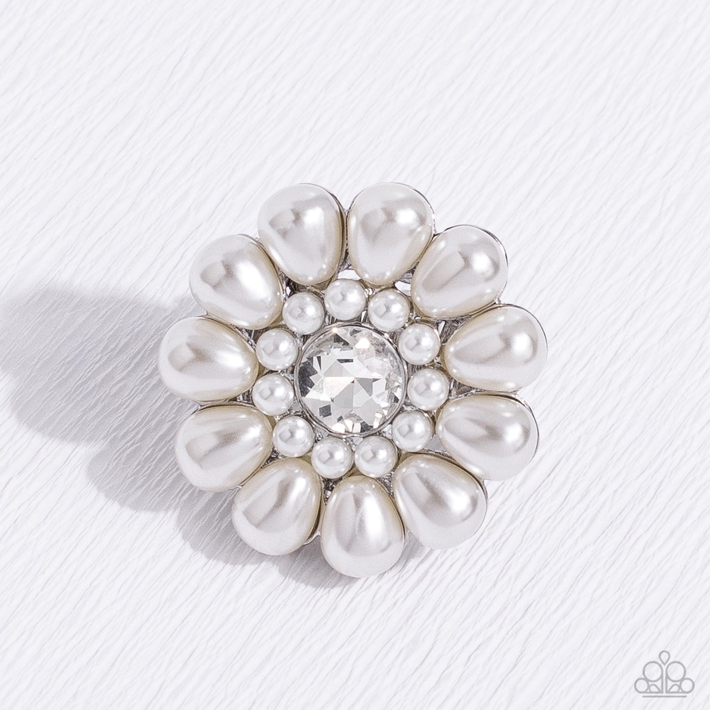 PEARL Talk - White Pearl - Silver Ring - Paparazzi Accessories - Featuring a glassy white gem center, bubbly oversized pearl petals fan out from dainty pearl settings atop the finger on airy silver bands for a sophisticated floral fashion ring.