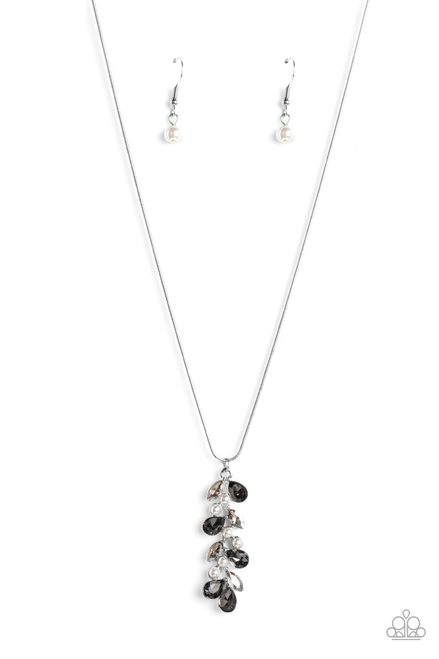 Pearls Before VINE - Silver Necklace - Paparazzi Accessories - Dainty faceted jet black teardrops- and smoky marquise-cut gems climb around clusters of dainty white half-pearls, creating an elongated pendant that slides elegantly along a skinny silver snake chain.