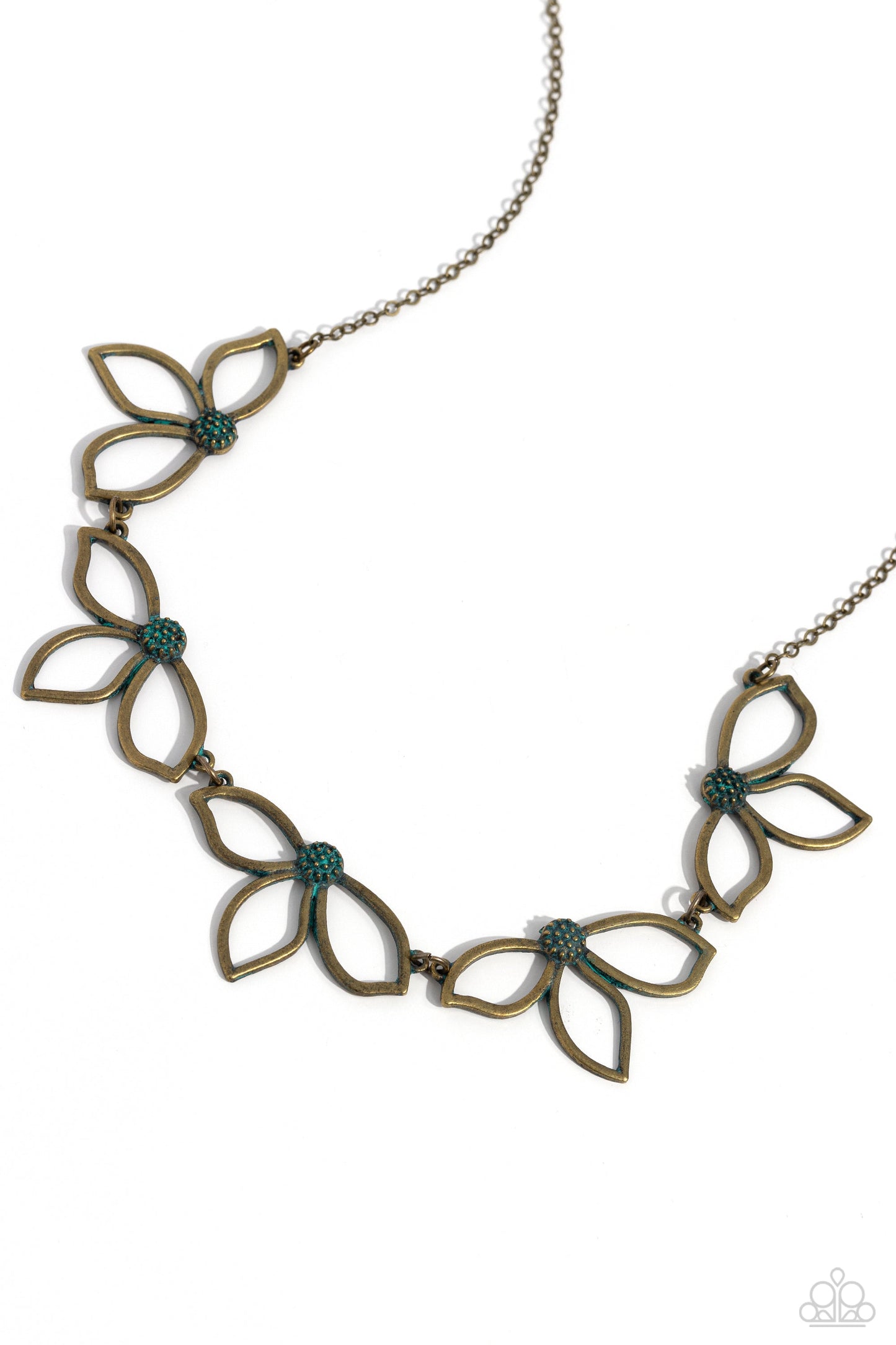 Petal Pageantry - Brass Necklace - Paparazzi Accessories - Featuring patina-brushed centers, dainty brass petals delicately link together and fan out below the collar for a whimsical fashion.