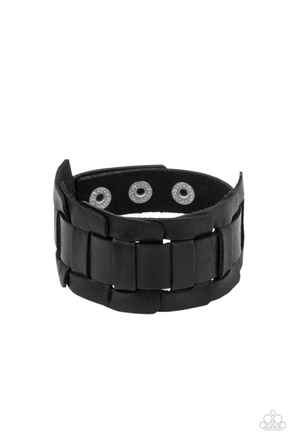 Plainly Plaited - Black Leather Bracelet - Paparazzi Accessories - A black leather band is threaded through the center of interlocking square leather links, creating a plaited pattern around the wrist. Features an adjustable snap closure.