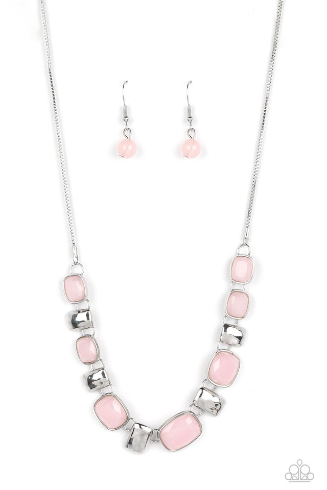 Polished Parade - Pink Necklace - Paparazzi Accessories - Rounded rectangular beads in a vibrant Nosegay hue are pressed into silver frames, showcasing their faceted surfaces as they crawl along the collar. Small silver, rectangular plates, hammered in subtle texture, shimmer in between the Nosegay beads, adding funky metallic accents to the design.