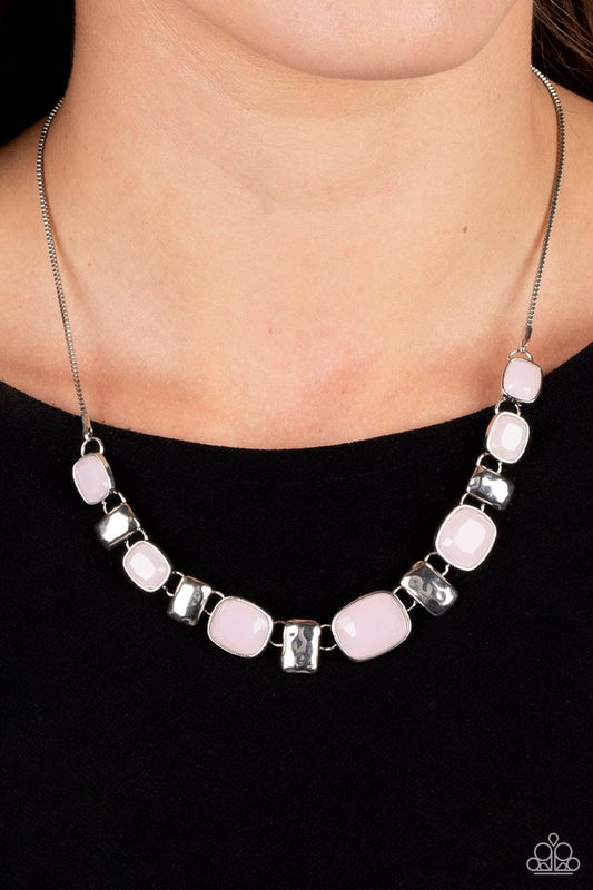 Polished Parade - Pink Necklace - Paparazzi Accessories - Rounded rectangular beads in a vibrant Nosegay hue are pressed into silver frames, showcasing their faceted surfaces as they crawl along the collar. Small silver, rectangular plates, hammered in subtle texture, shimmer in between the Nosegay beads, adding funky metallic accents to the design.