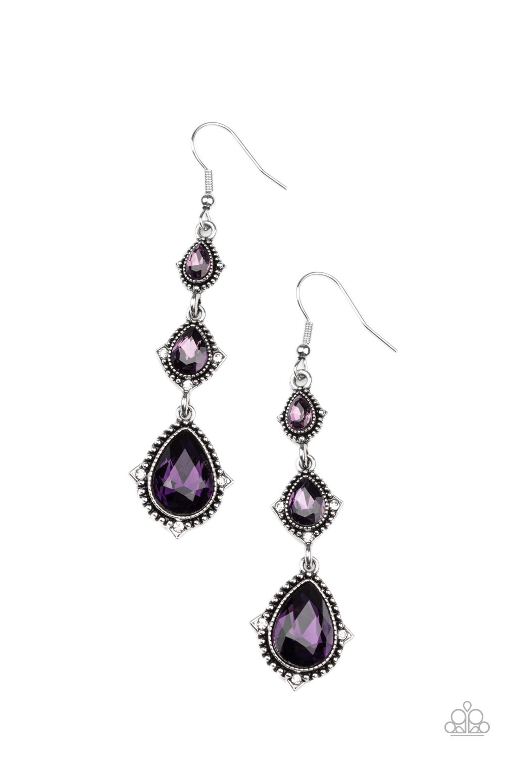 Prague Princess - Purple and Silver Earrings - Paparazzi Accessories - Featuring studded silver frames, a sparkly trio of purple teardrop gems delicately link into a romantic lure. Dainty white rhinestones embellish the edges of the lowermost teardrops, adding a hint of glassy glamour.