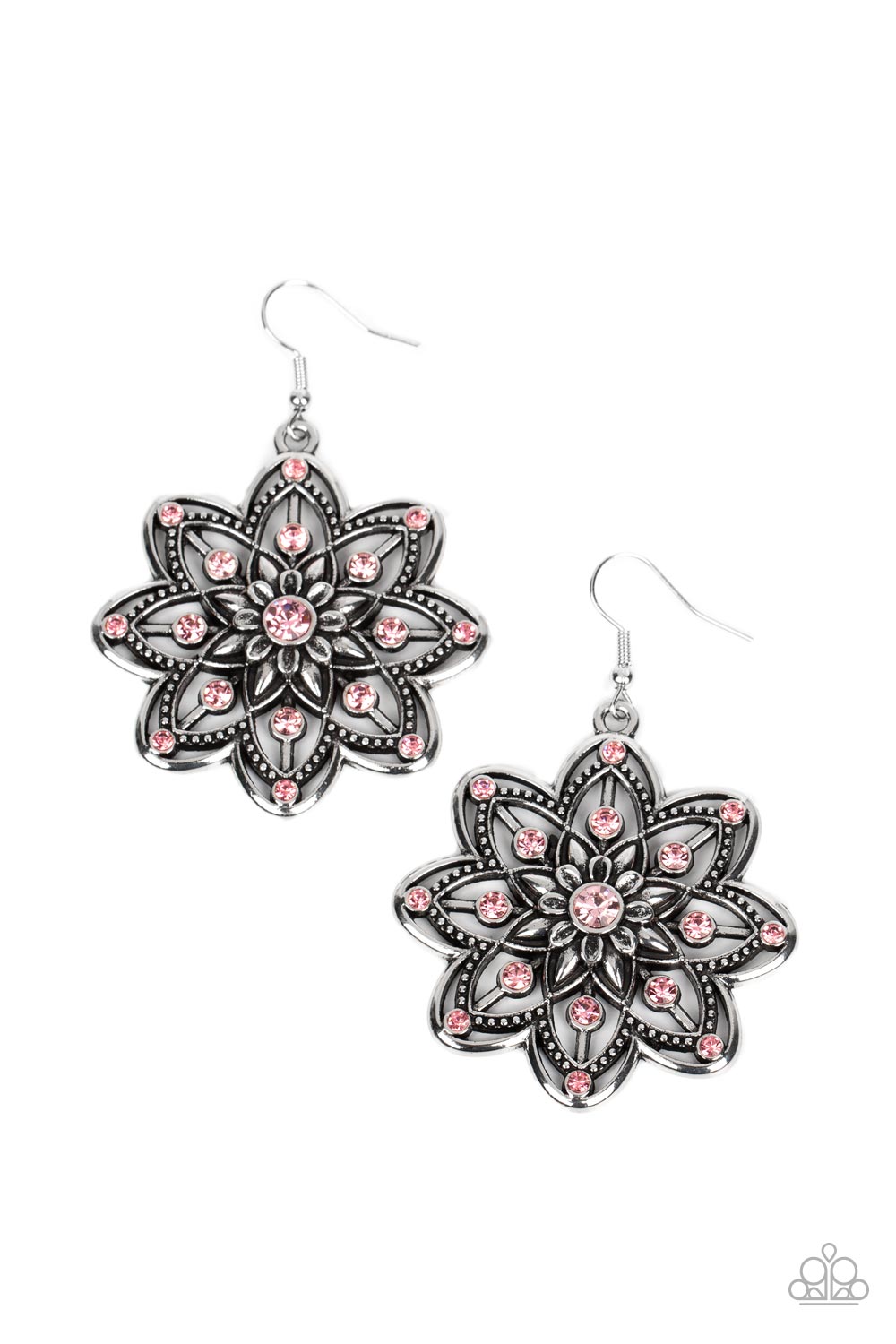 Prismatic Perennial - Pink and Silver Earrings - Paparazzi Accessories - Dotted in Gossamer Pink rhinestones, rows of smooth and studded silver petals bloom from a Gossamer Pink rhinestone center for a whimsical floral fashion.