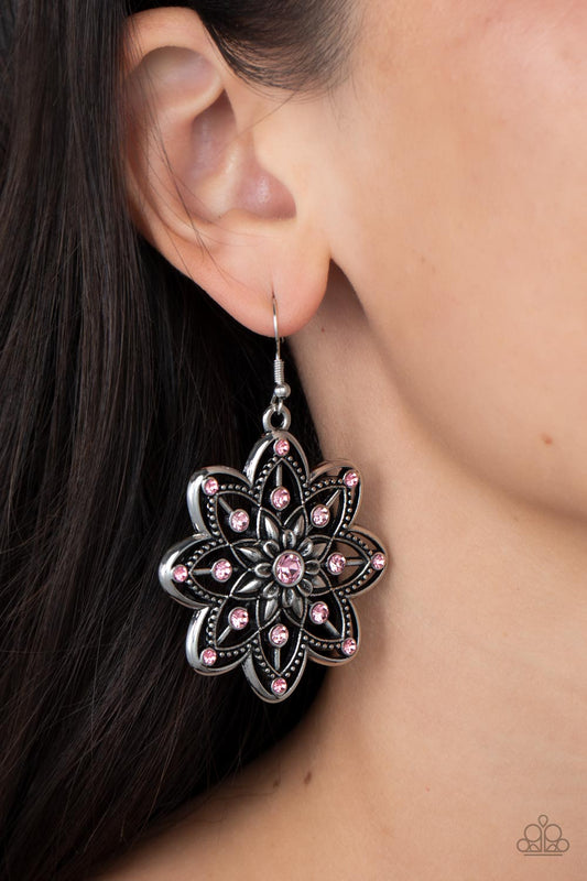 Prismatic Perennial - Pink and Silver Earrings - Paparazzi Accessories - Dotted in Gossamer Pink rhinestones, rows of smooth and studded silver petals bloom from a Gossamer Pink rhinestone center for a whimsical floral fashion.