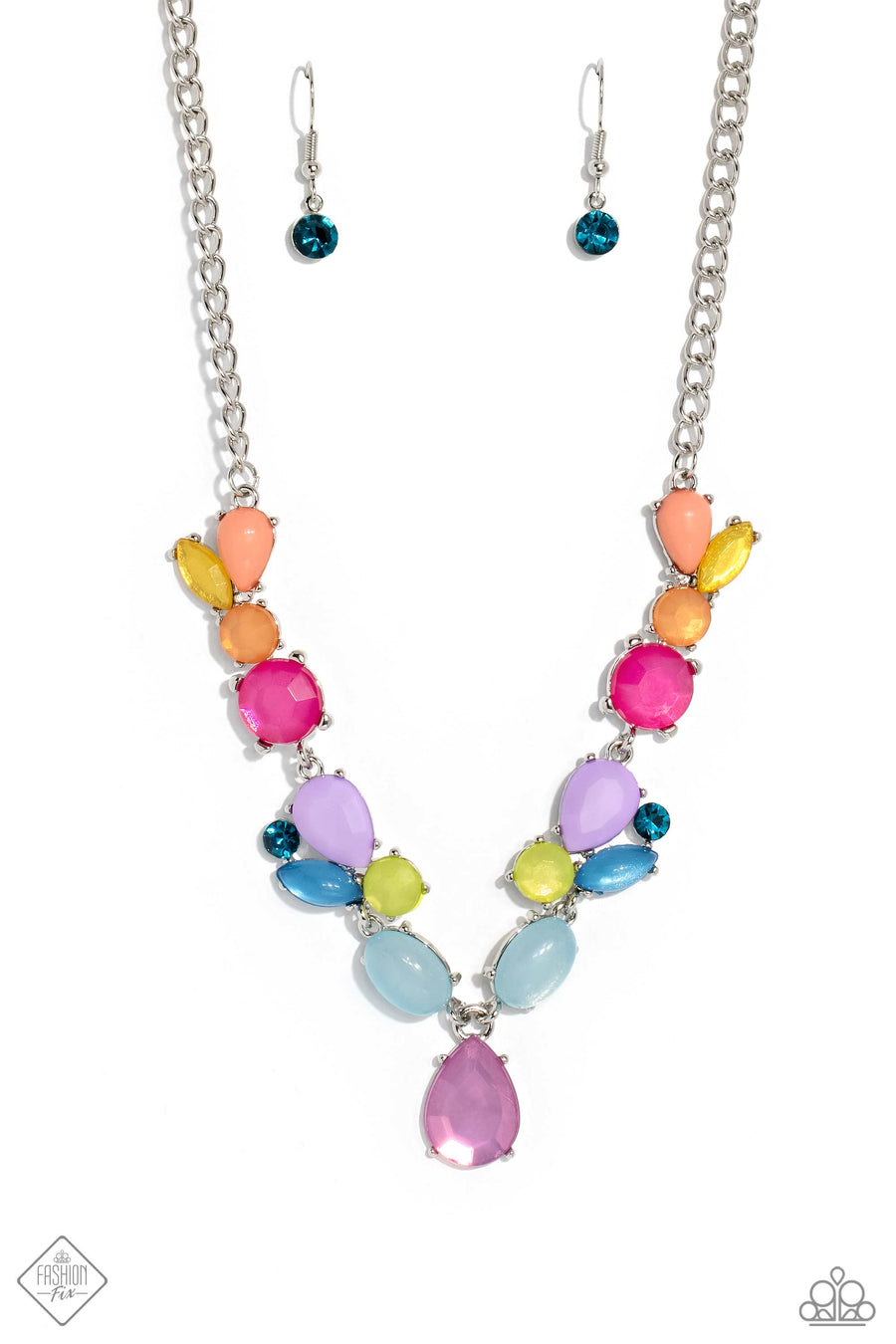 Puzzled Production - Multi Color Necklace - Paparazzi Accessories - Featuring Pantones® Peach Pink, Pink Peacock, Waterspout, and Love Bird, a geometric cluster of beads in varying opacities and shapes are encased in pronged silver frames as they haphazardly taper into a colorful lure down the collar. Each shape flares and flirts around the neckline, reflecting light off its every faceted and high-sheen surface for a fun-loving finish.