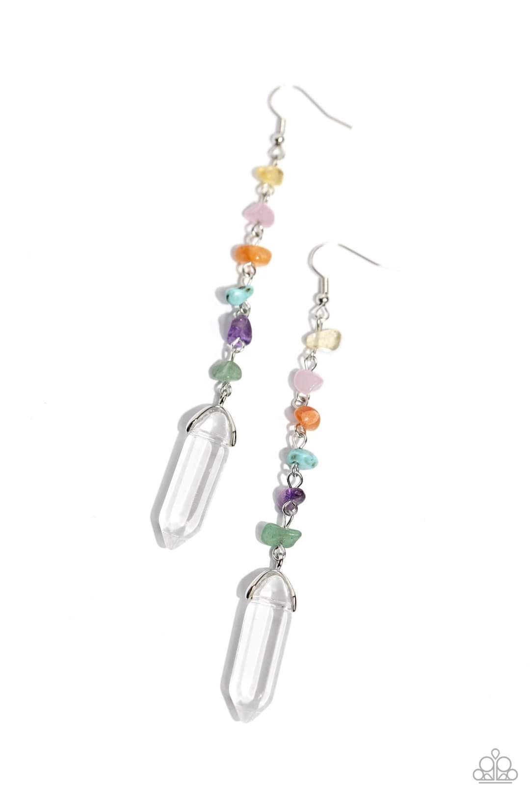 Quartz Qualification Multi Color Earrings - Paparazzi Accessories - Chiseled multicolored stones connect down the ear along a silver chain, leading the eye to a clear quartz-like piece at its end for an elegantly earthy lure. Earring attaches to a standard fishhook fitting.