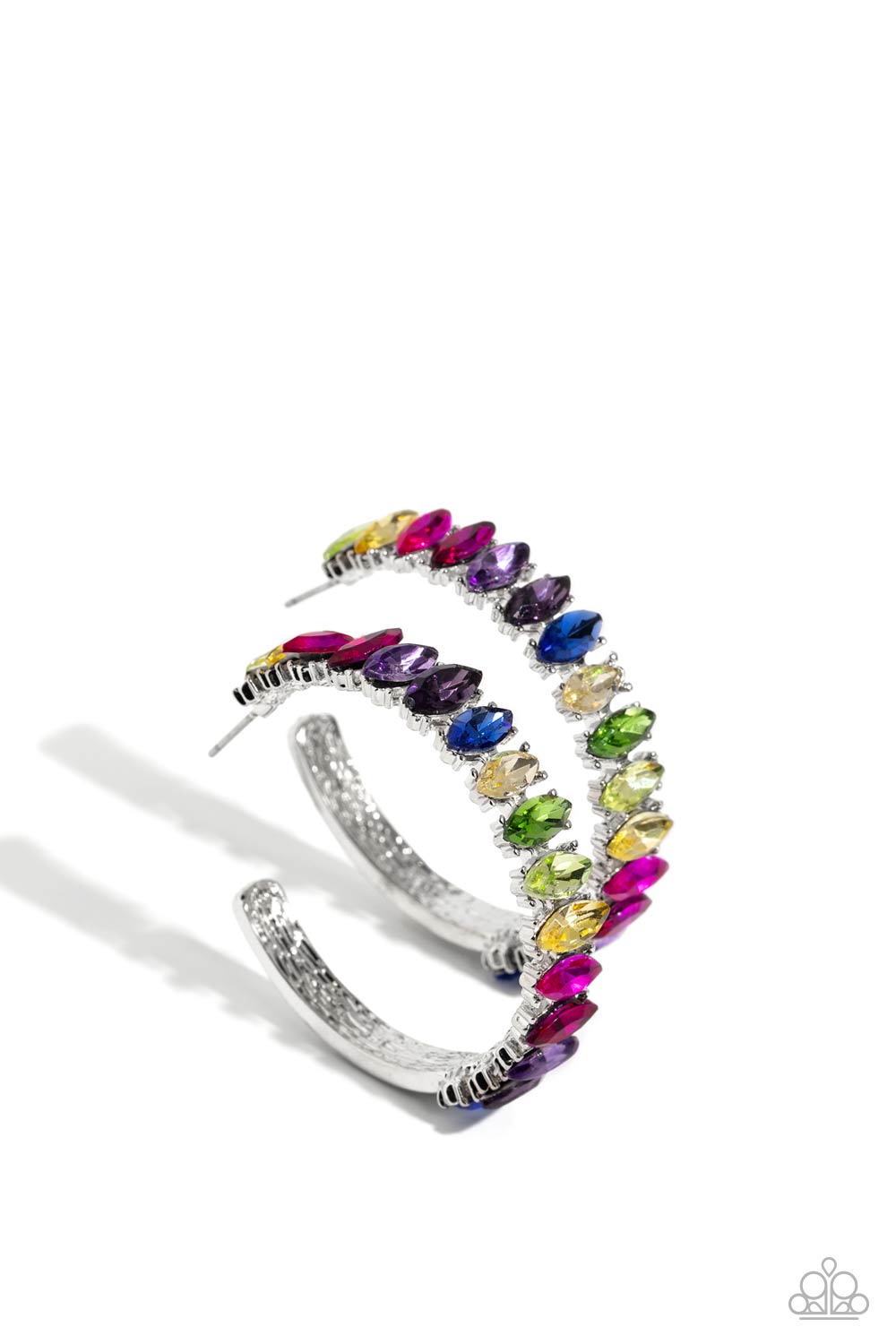 Rainbow Range - Multi Color Hoop Earrings - Paparazzi Accessories - Dazzling colorful marquise-cut gems fall in line along the front edge of a classic silver hoop. The exposed edges create a gritty silhouette, beautifully contrasting with the blinding shimmer of the gems in a stunning finish. Earring attaches to a standard post fitting. Hoop measures approximately 1 1/2" in diameter. Sold as one pair of hoop earrings.