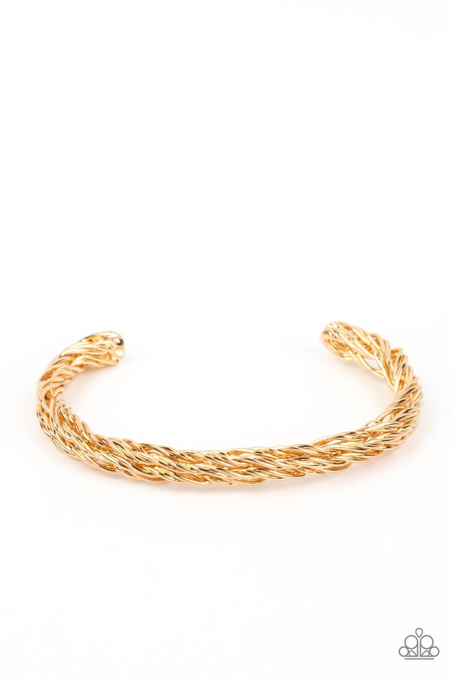 Rally Together - Gold Urban Cuff Bracelet - Paparazzi Accessories - Glistening gold wires twist and coil into a single cuff around the wrist, resulting in a gritty edge. Sold as one individual bracelet.