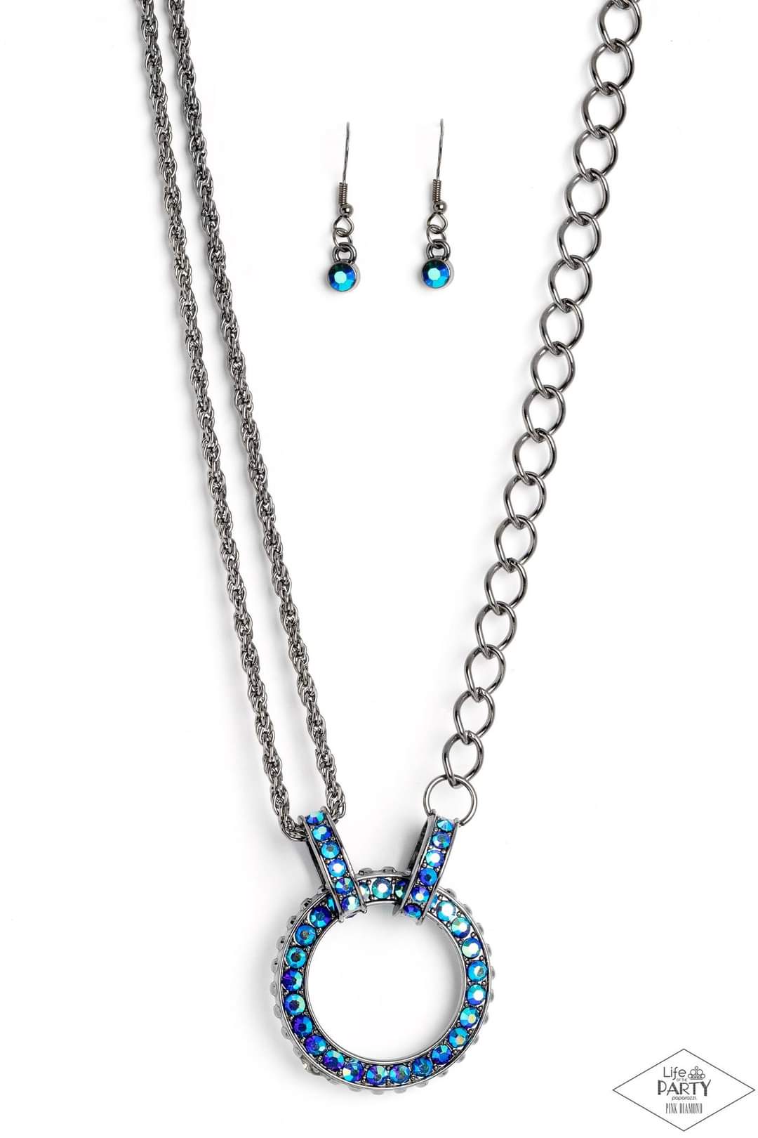 Razzle Dazzle - Blue Necklace - Paparazzi Accessories - A collision of mismatched gunmetal chains gives way to a studded gunmetal pendant that has been encrusted in glittery blue UV rhinestones. The result is a gritty, industrial design with endless attitude. Features an adjustable clasp closure. Sold as one individual necklace. Includes one pair of matching earrings.