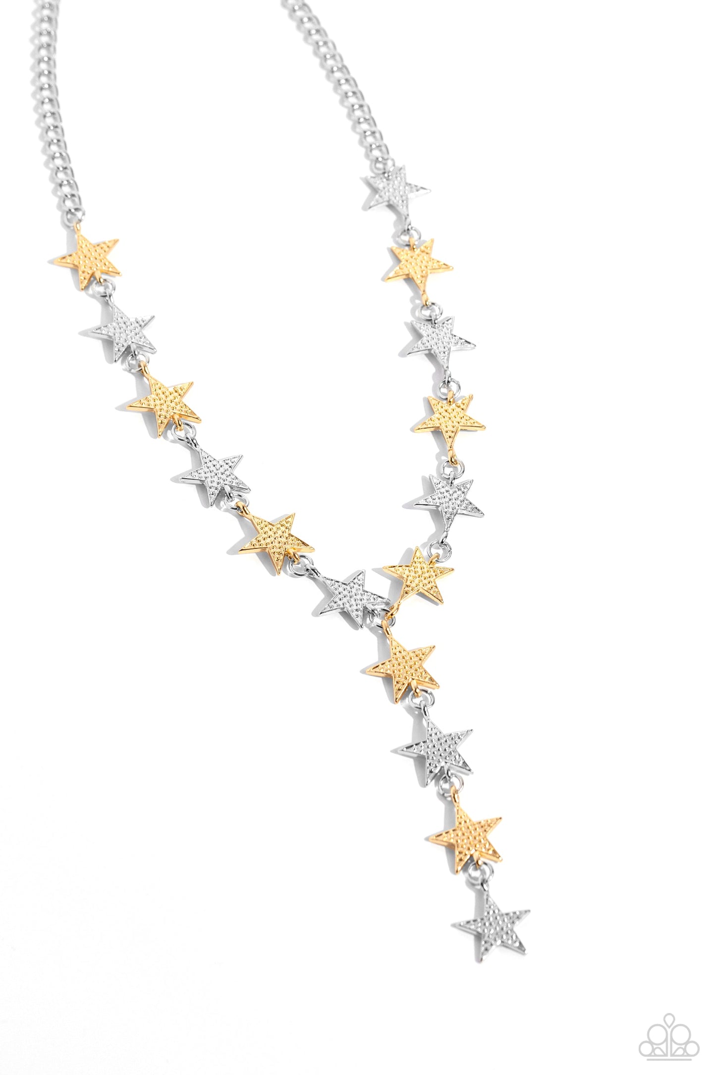 Reach for the Stars - Gold and Silver Necklace - Paparazzi Accessories - Featuring a studded motif, a collection of gold and silver stars alternate and interlock below the collar on a classic silver chain, glistening into an edgy extended pendant for a stellar-making finish.