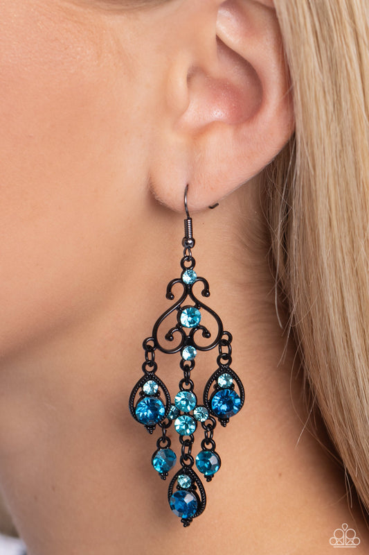 Regal Renovation - Blue and Black Earrings - Paparazzi Accessories - An array of blue and aquamarine gems decoratively adorn the front of a studded and sleek black frame, while black frame teardrops, featuring the same blue and aquamarine gems, drip from the bottom of the frame, creating a whimsical fringe.