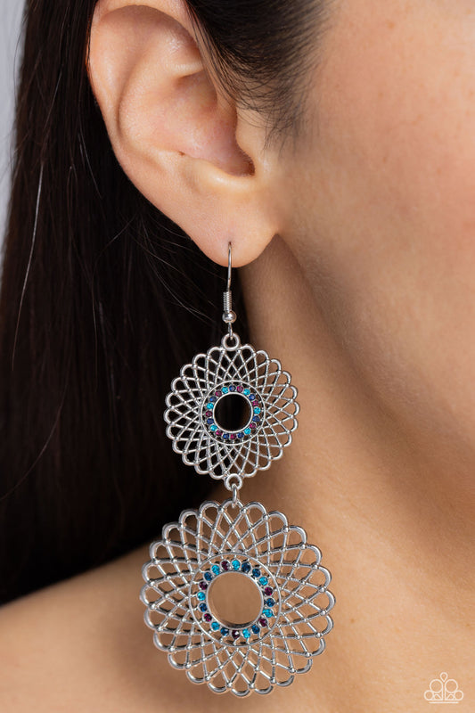 Regal Roulette - Mutli Earrings - Paparazzi Accessories - Airy silver petals infinitely overlap into two dizzying silver floral medallions. Rings of dainty multicolored rhinestones adorn the center, adding a dash of dazzle. 