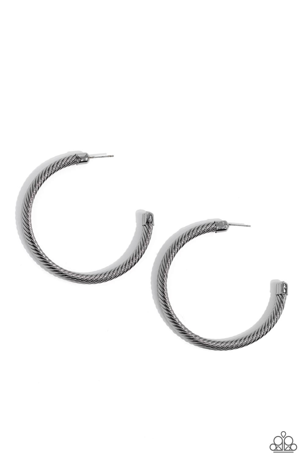 Roped in Radiance - Black Gunmetal Hoop Earrings - Paparazzi Accessories - Shimmering gunmetal spins into an oversized twisted rope as it curves into a classic thick hoop design. Earring attaches to a standard post fitting. Hoop measures approximately 2" in diameter. Sold as one pair of hoop earrings.