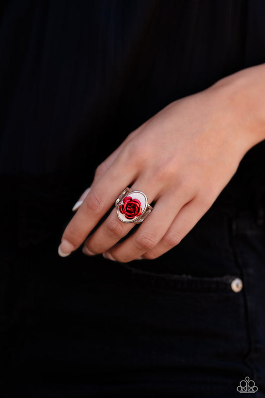 ROSE to My Heart - Red and Silver Ring - Paparazzi Accessories - Featuring a white shell backdrop, high-sheen red petals fan out from the center of the oval display, creating a regal rose atop airy silver bands on the finger. Features a stretchy band for a flexible fit. Sold as one individual ring.