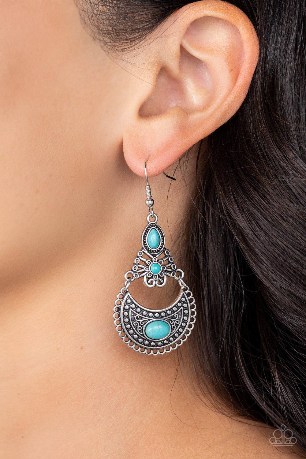 Sahara Samba - Blue Turquoise and Silver Earrings - Paparazzi Accessories - A dainty collection of teardrop, round and oval turquoise stones adorns the front of a decorative lure. Filled with frilly filigree and rustic silver studs, the mismatched frames delicately link into an artisan inspired centerpiece. 