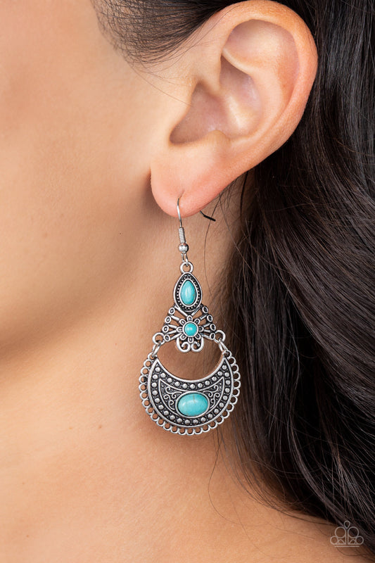 Sahara Samba - Blue Turquoise and Silver Earrings - Paparazzi Accessories - A dainty collection of teardrop, round and oval turquoise stones adorns the front of a decorative lure. Filled with frilly filigree and rustic silver studs, the mismatched frames delicately link into an artisan inspired centerpiece. 