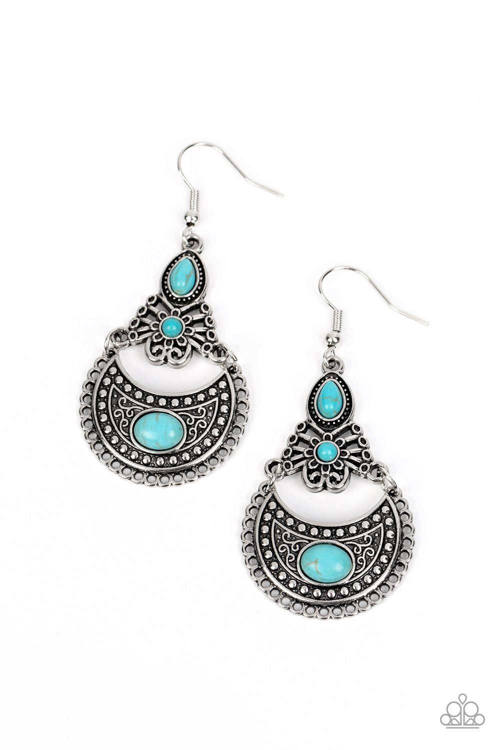 Sahara Samba - Blue Turquoise and Silver Earrings - Paparazzi Accessories - A dainty collection of teardrop, round and oval turquoise stones adorns the front of a decorative lure. Filled with frilly filigree and rustic silver studs, the mismatched frames delicately link into an artisan inspired centerpiece.