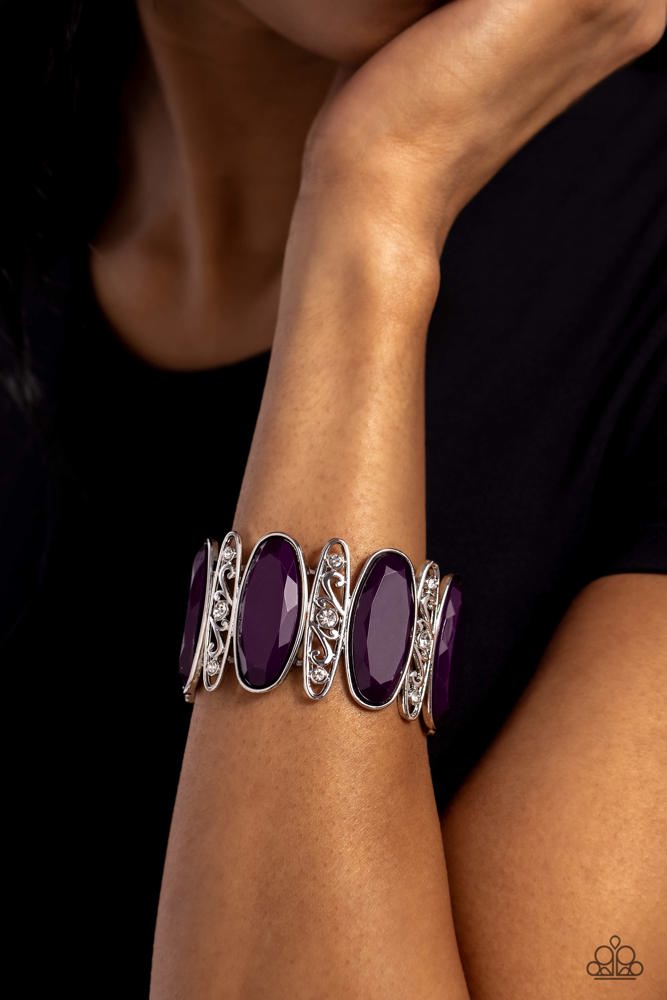 Saturated Sparkle - Purple Bracelet - Paparazzi Accessories - Filled with vine-like filigree, white rhinestone dotted silver frames alternate with oversized and faceted plum beads along a stretchy band around the wrist for a vivacious pop of color.
