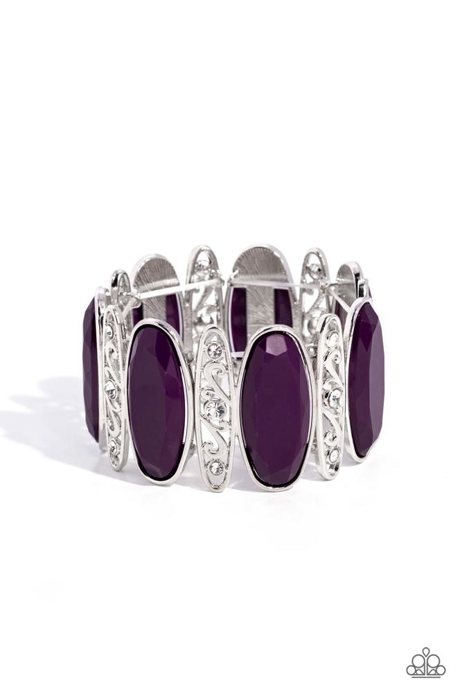 Paparazzi Accessories - Filled with vine-like filigree, white rhinestone dotted silver frames alternate with oversized and faceted plum beads along a stretchy band around the wrist for a vivacious pop of color.