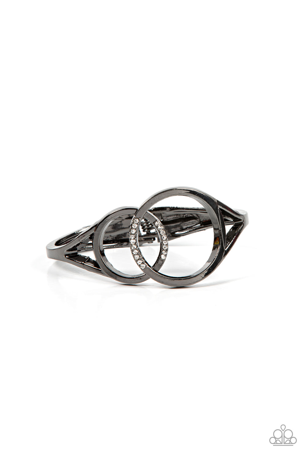 Scope of Expertise - Black Gunmetal Bracelet - Paparazzi Accessories - Encrusted in sections of glassy white rhinestones, two oversized gunmetal rings delicately overlap across the center of the wrist, resulting in a timeless bangle-like bracelet around the wrist.