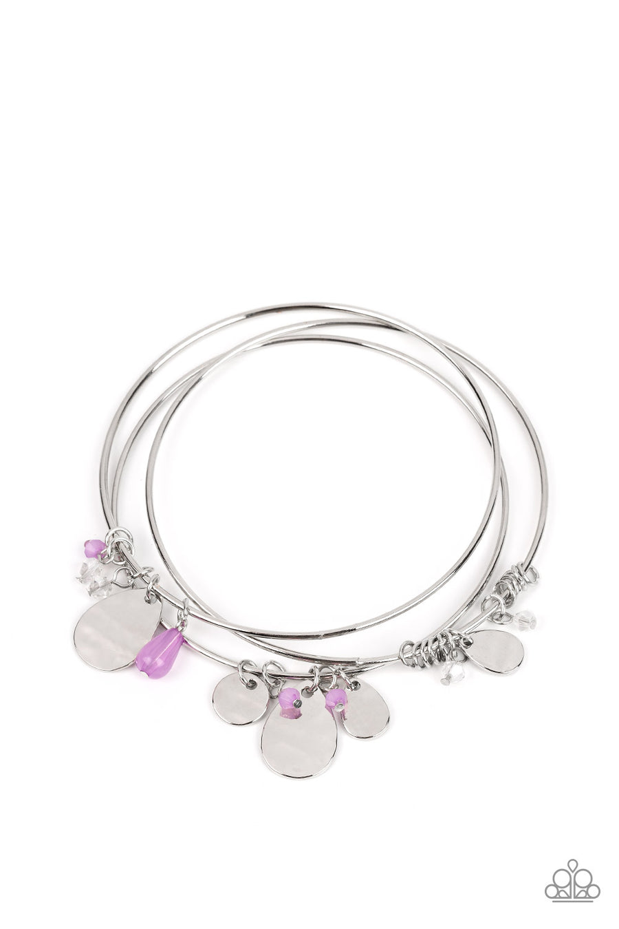 Secret Paradise - Purple and Silver Bracelet - Paparazzi Accessories - A stack of three silver bangles are adorned with hammered silver discs, tiny purple beads in varying opacities, and sleek silver links, creating soft, charming layers around the wrist. Sold as one set of three bracelets.