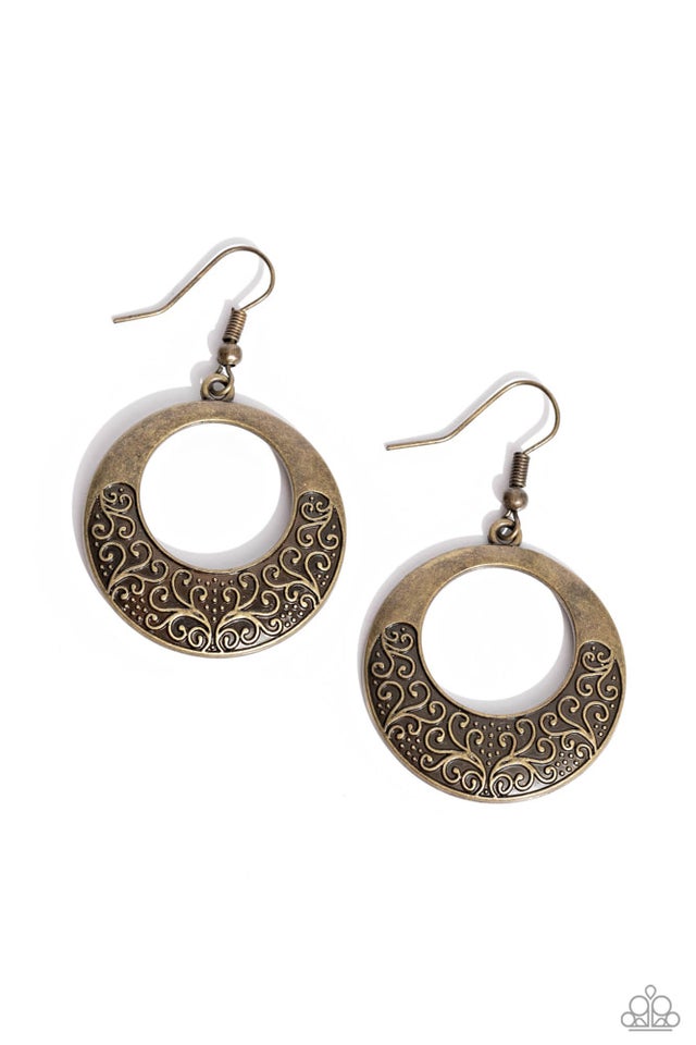 Secret Vineyards - Brass Earrings - Paparazzi Accessories - Infused with brass studs, frilly vine-like filigree whirls out across the bottom of a brass hoop for a seasonal shimmer. Earrings attaches to a standard fishhook fitting. Sold as one pair of earrings.
