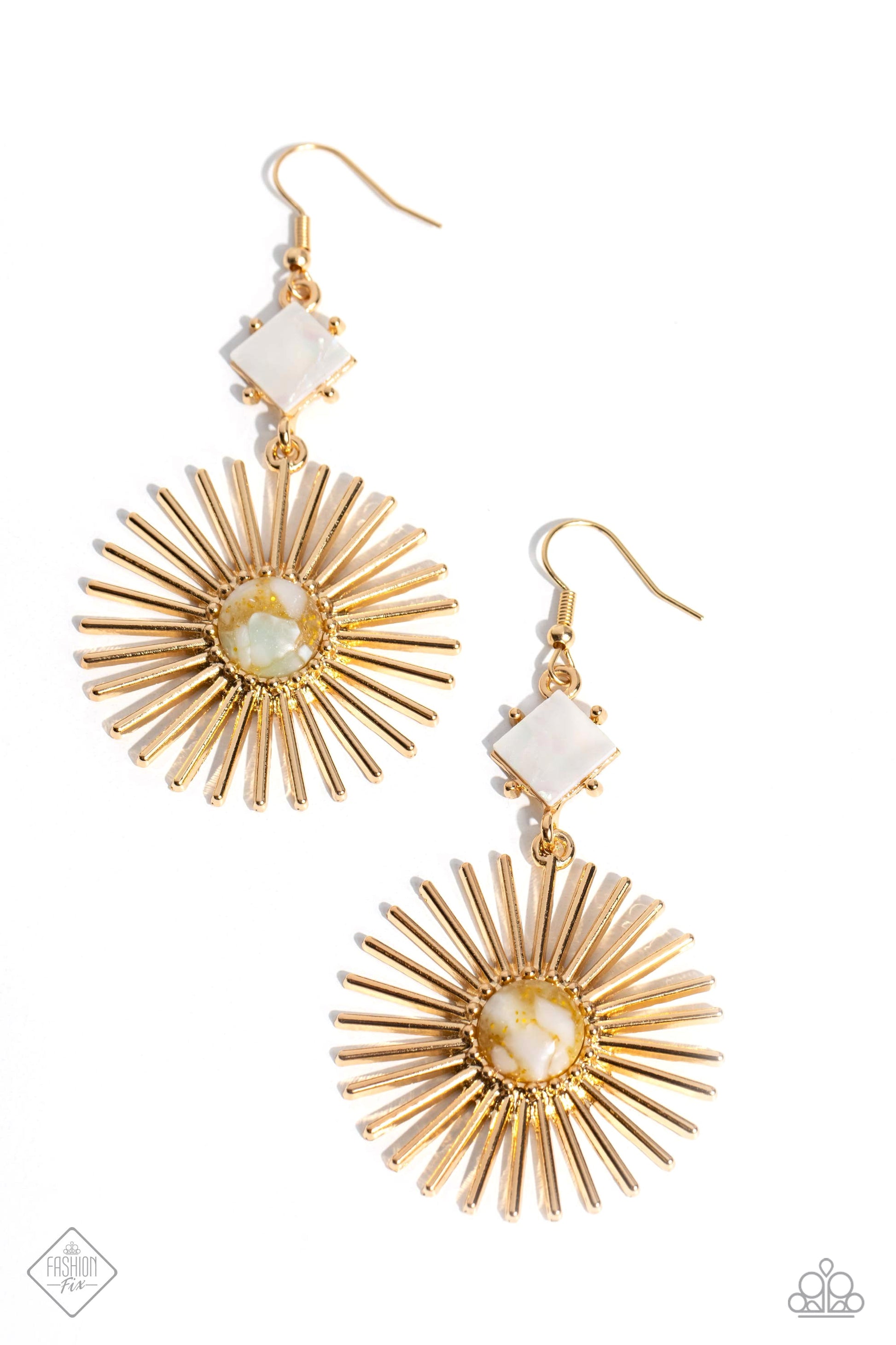 Seize the Sunburst - Gold Earrings - Paparazzi Accessories - A white shell is tilted on its side and bordered by gold studs, giving way to a large gold sunburst dotted with a multicolored stone center; resulting in a whimsically radiant lure. Earring attaches to a standard fishhook fitting.