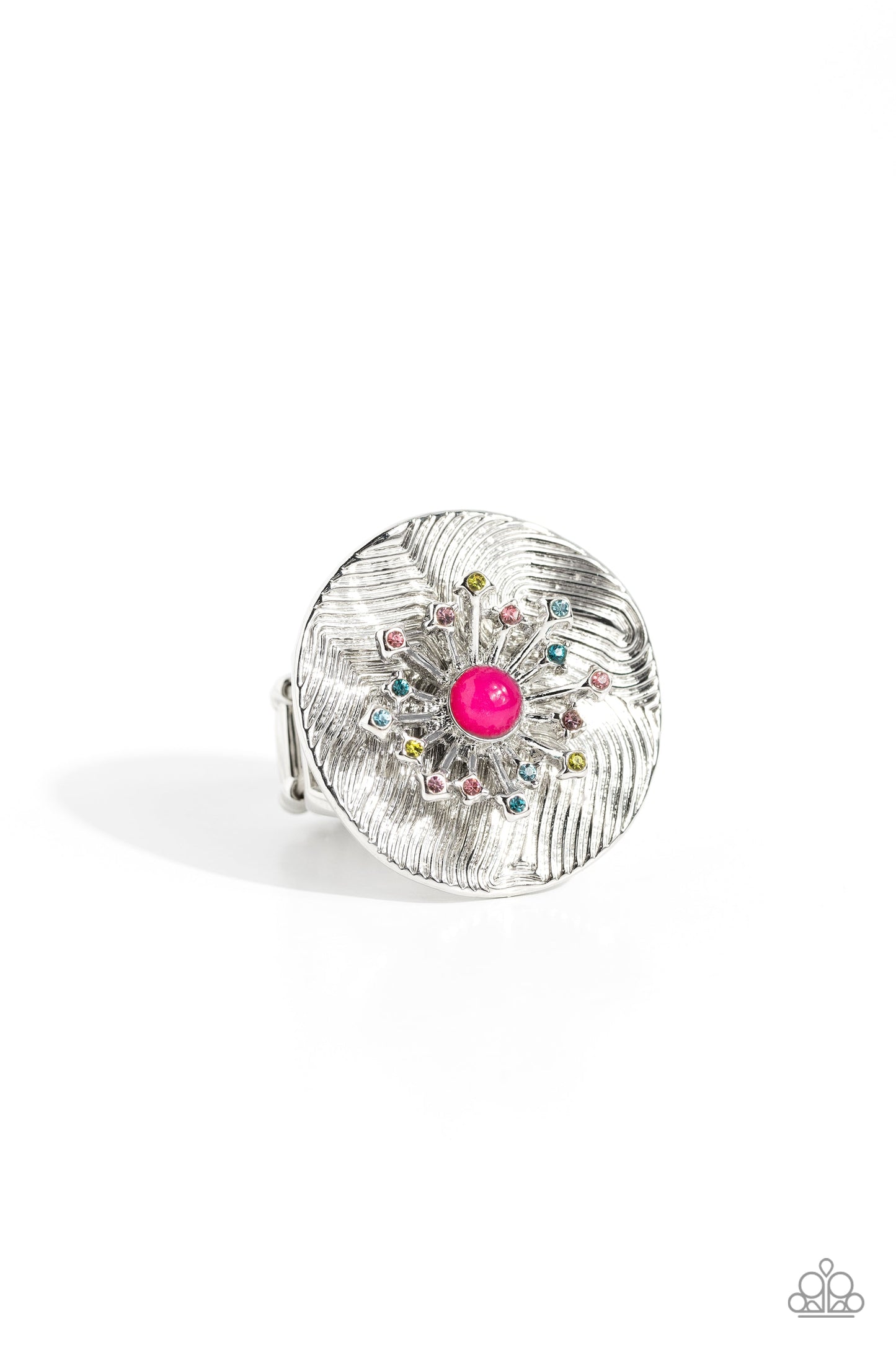 Seriously SUNBURST - Pink and Silver Ring - Paparazzi Accessories - Featuring an oversized, textured backdrop, a dainty 3D sunburst detail, glistening with pink, blue, and olive green rhinestones and a Pink Peacock center standout atop the finger for a sunny pop of color. Features a stretchy band for a flexible fit.