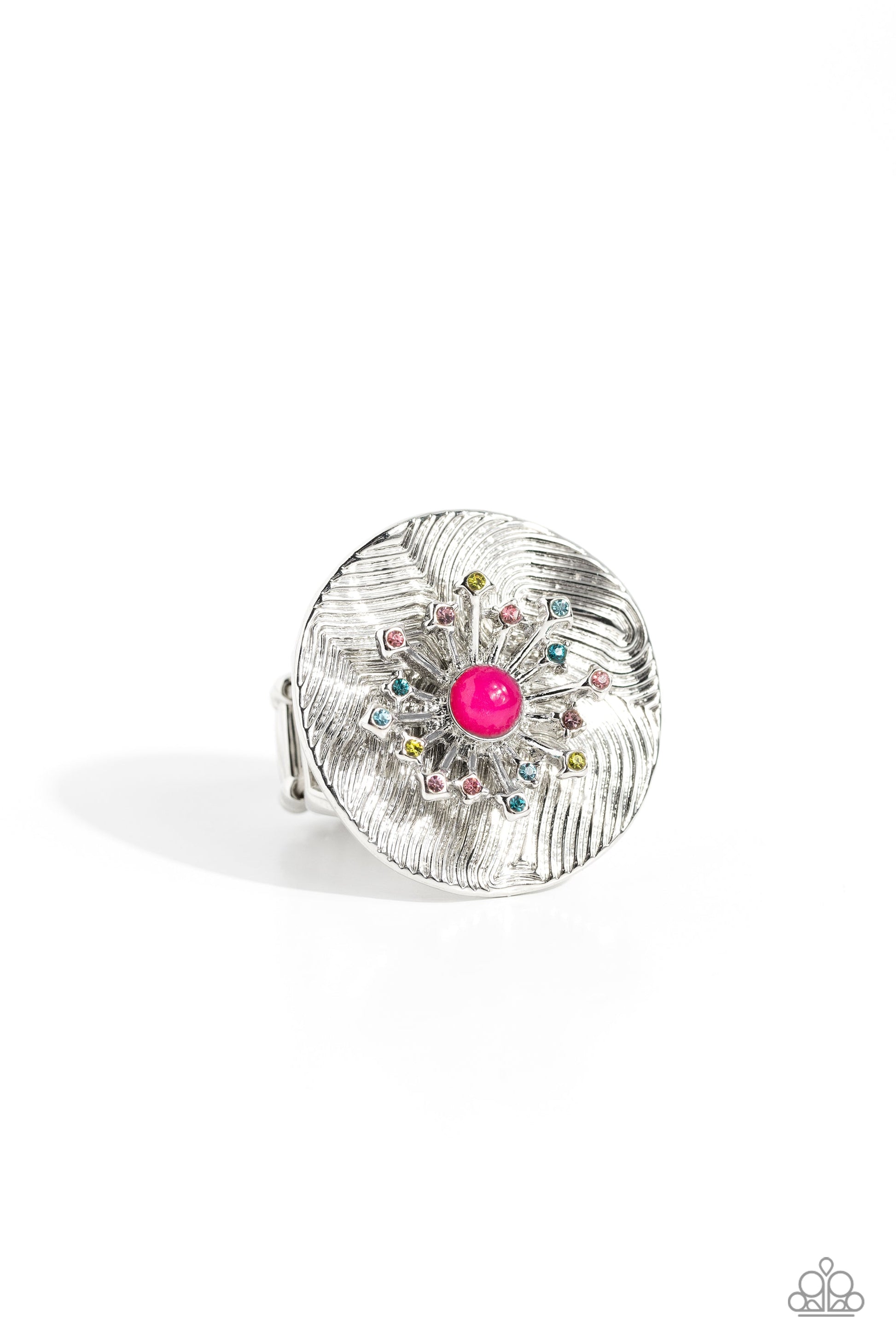Seriously SUNBURST - Pink and Silver Ring - Paparazzi Accessories - Featuring an oversized, textured backdrop, a dainty 3D sunburst detail, glistening with pink, blue, and olive green rhinestones and a Pink Peacock center standout atop the finger for a sunny pop of color. Features a stretchy band for a flexible fit.