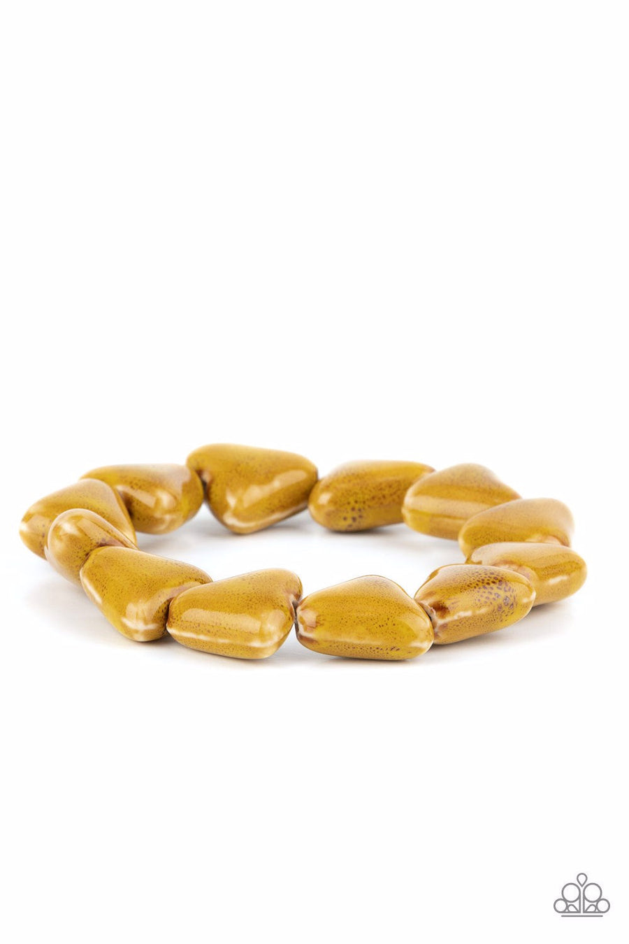 SHARK Out of Water - Yellow Bracelet - Paparazzi Accessories - Painted in a distressed Mustard finish, ceramic beads shaped like shark teeth are threaded along a stretchy band around the wrist for a seasonal flair.
