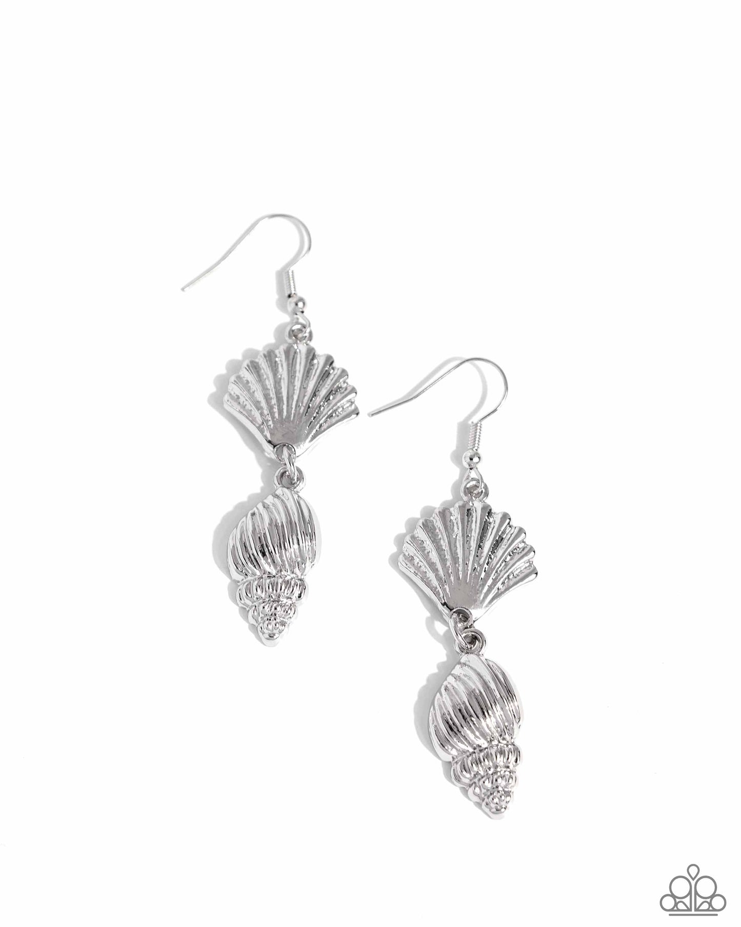 SHELL, I Was In the Area - Silver Earrings - Paparazzi Accessories - Textured silver seashells dangle and connect below the ear, creating a coastal centerpiece. Earring attaches to a standard fishhook fitting. Sold as one pair of earrings.
