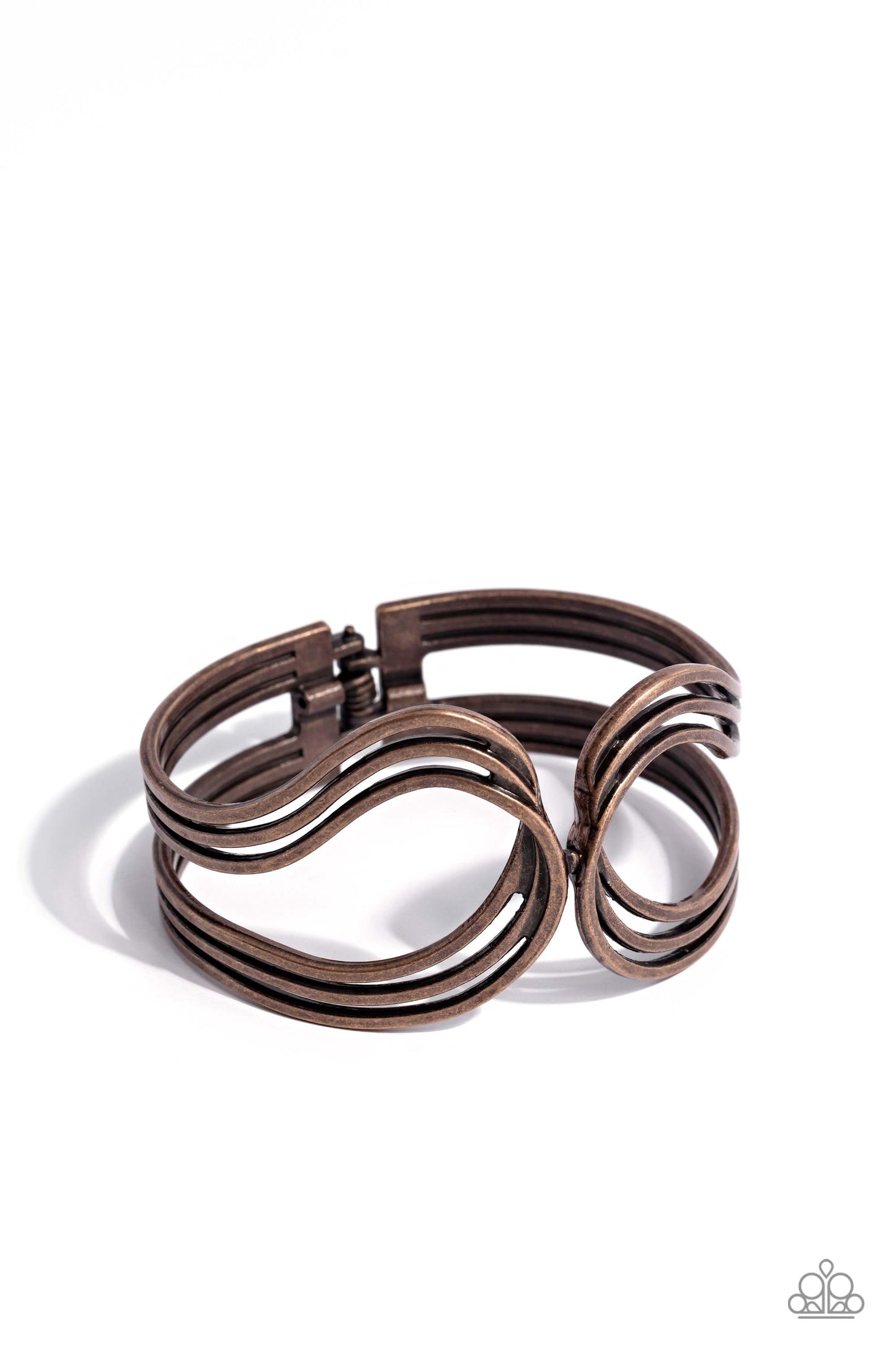 Shockwave Attitude - Copper Cuff Bracelet - Paparazzi Accessories - Featuring a rustic finish, flat copper bars delicately loop and overlap into two airy copper frames around the wrist that delicately connect into a layered bangle-like bracelet. Features a hinged closure. Sold as one individual bracelet.