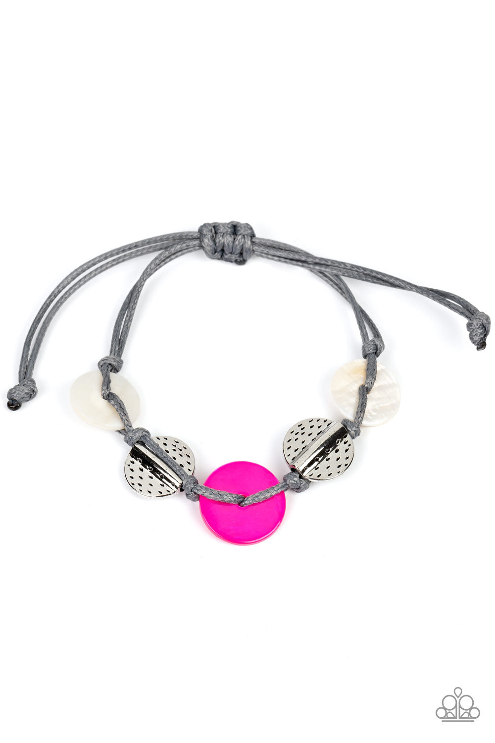 Shore Up - Pink Shell and Silver Bracelet - Paparazzi Accessories - Vibrant pink and white shells interlace with silver dotted, hammered discs to create a refined pop of color. Held together by soft gray cording, this piece will blend in with beaches near you! Features an adjustable sliding knot closure. Sold as one individual bracelet.