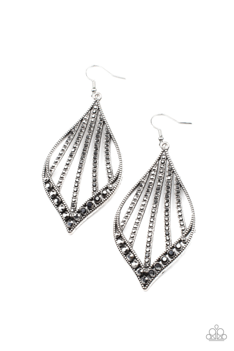 Showcase Sparkle - Silver Earrings - Paparazzi Accessories - Curved rows of smoky hematite rhinestones streak across the center of a studded marquise shaped silver frame. The bottom of the frame is encrusted in matching hematite rhinestones, creating a dramatic centerpiece.