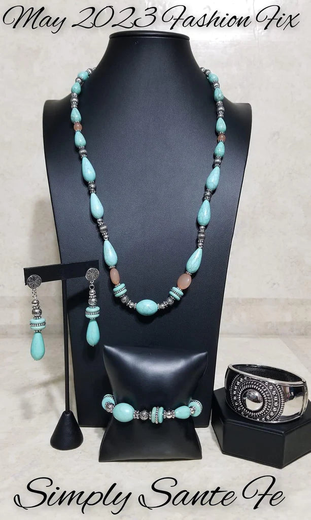 Simply Santa Fe - 4 Piece Jewelry Set - Light Turquoise Blue and Silver Bejeweled Accessories By Kristie