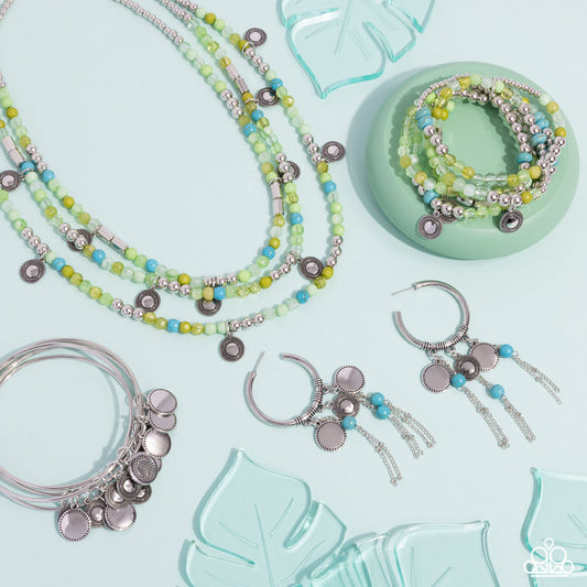 Simply Santa Fe - Blue and Green Jewelry Set - Paparazzi Accessories - Includes one of each accessory featured in the Simply Santa Fe Trend Blend in April's Fashion Fix: Piquant Pattern - Green Necklace, Peppy Pinnacle - Blue Hoop Earrings, ​Poignant Pairing - Green Bracelet, My Interest is Piqued - Silver Bracelet.