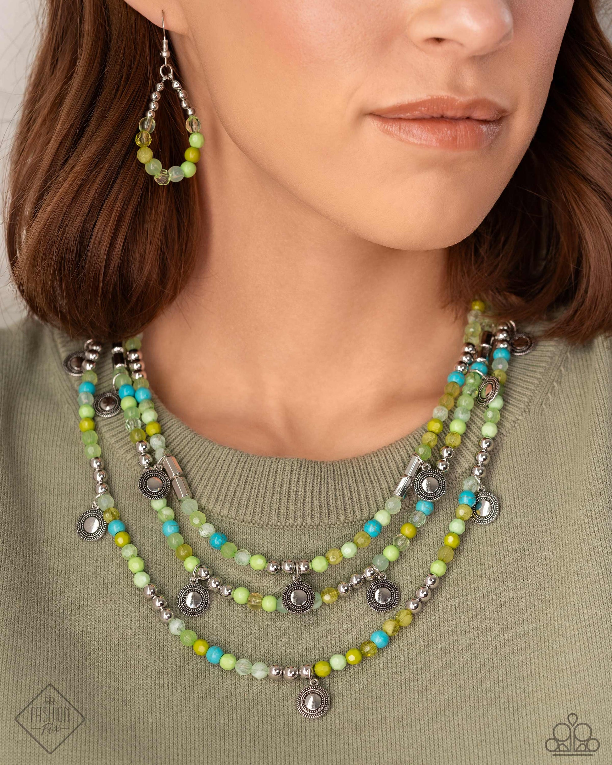 Simply Santa Fe - Blue and Green Jewelry Set - Paparazzi Accessories - Includes one of each accessory featured in the Simply Santa Fe Trend Blend in April's Fashion Fix: Piquant Pattern - Green Necklace, Peppy Pinnacle - Blue Hoop Earrings, ​Poignant Pairing - Green Bracelet, My Interest is Piqued - Silver Bracelet.