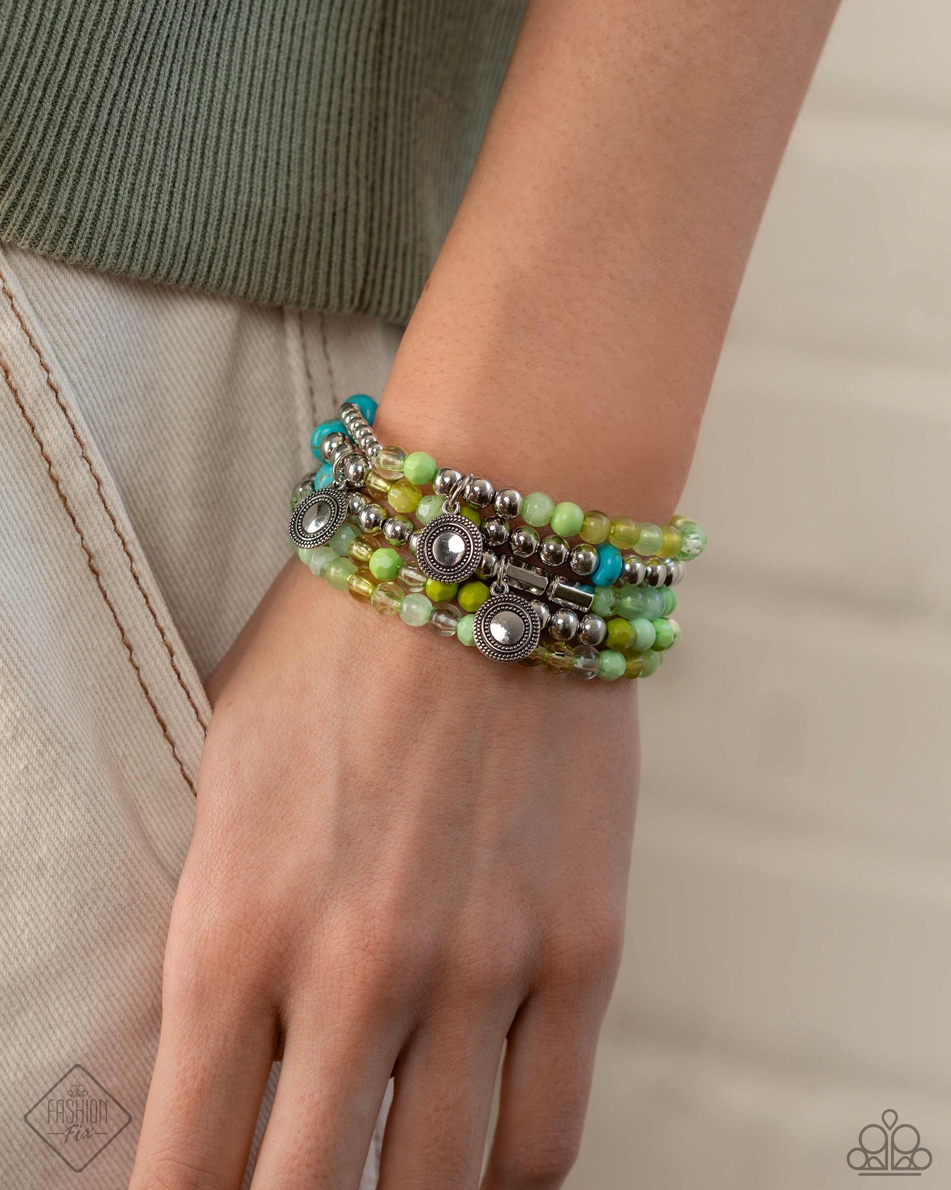 Simply Santa Fe - Blue and Green Jewelry Set - Paparazzi Accessories - Includes one of each accessory featured in the Simply Santa Fe Trend Blend in April's Fashion Fix: Piquant Pattern - Green Necklace, Peppy Pinnacle - Blue Hoop Earrings, ​Poignant Pairing - Green Bracelet, My Interest is Piqued - Silver Bracelet.