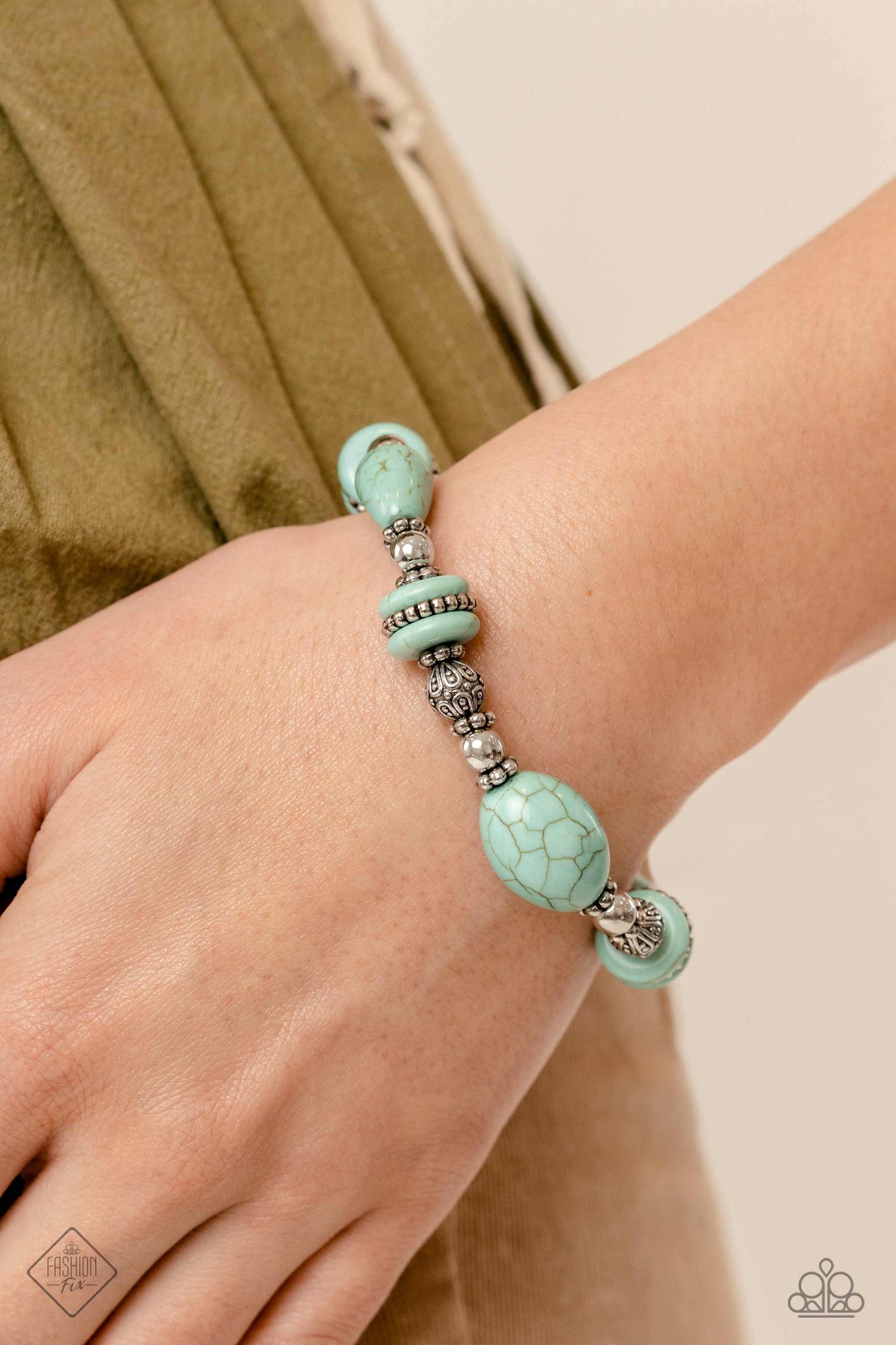 Paparazzi Accessories - Light Turquoise Blue and Silver - Simply Santa Fe - Trend Blend May 2023 Jewelry Set includes one of each accessory: Nile River Redux - Blue Necklace, Desert Fever - Blue Earrings, Changing Cleopatra - Blue​ Bracelet, and Gorgeous Gypsy - Silver Bracelet.