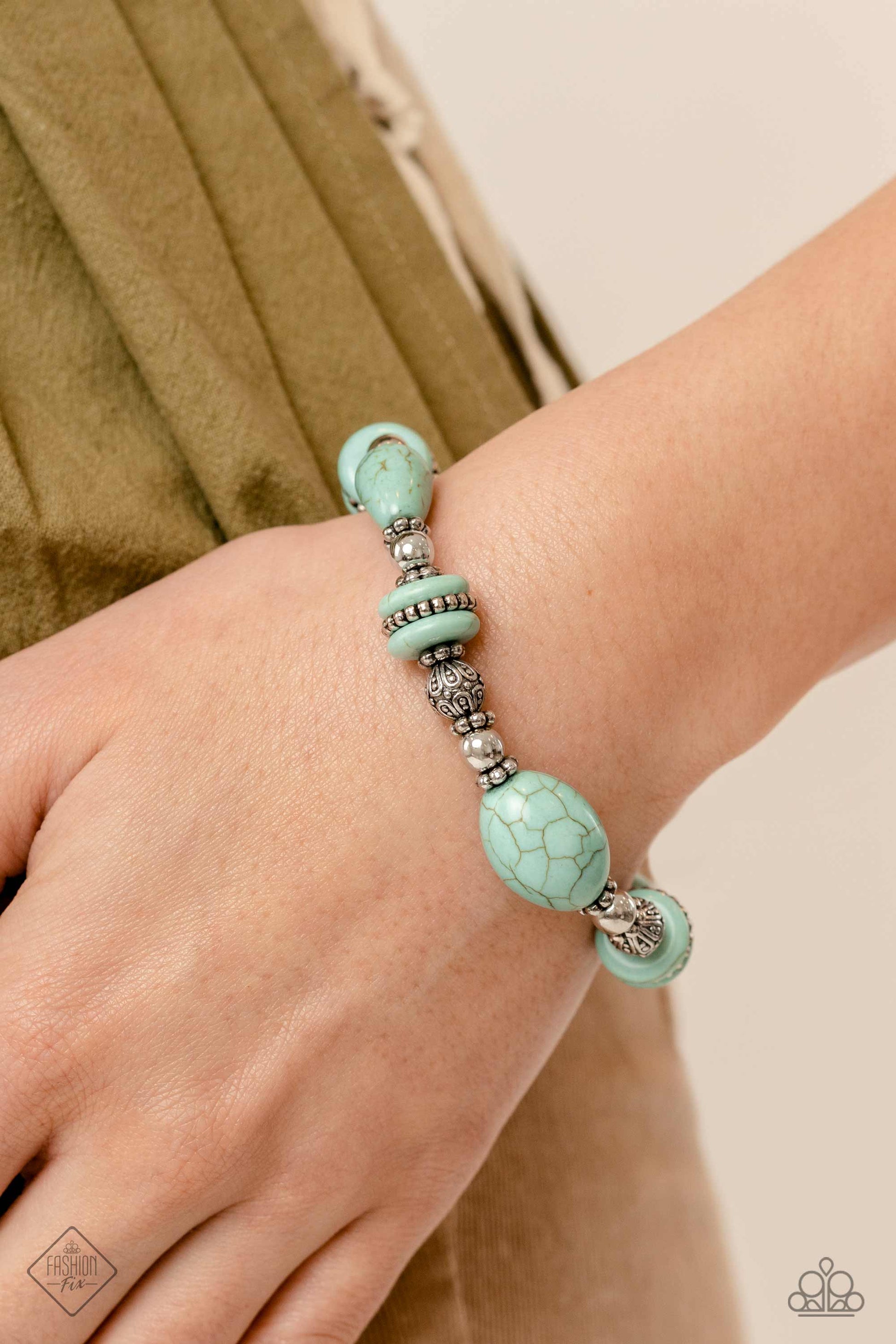 Paparazzi Accessories - Light Turquoise Blue and Silver - Simply Santa Fe - Trend Blend May 2023 Jewelry Set includes one of each accessory: Nile River Redux - Blue Necklace, Desert Fever - Blue Earrings, Changing Cleopatra - Blue​ Bracelet, and Gorgeous Gypsy - Silver Bracelet.