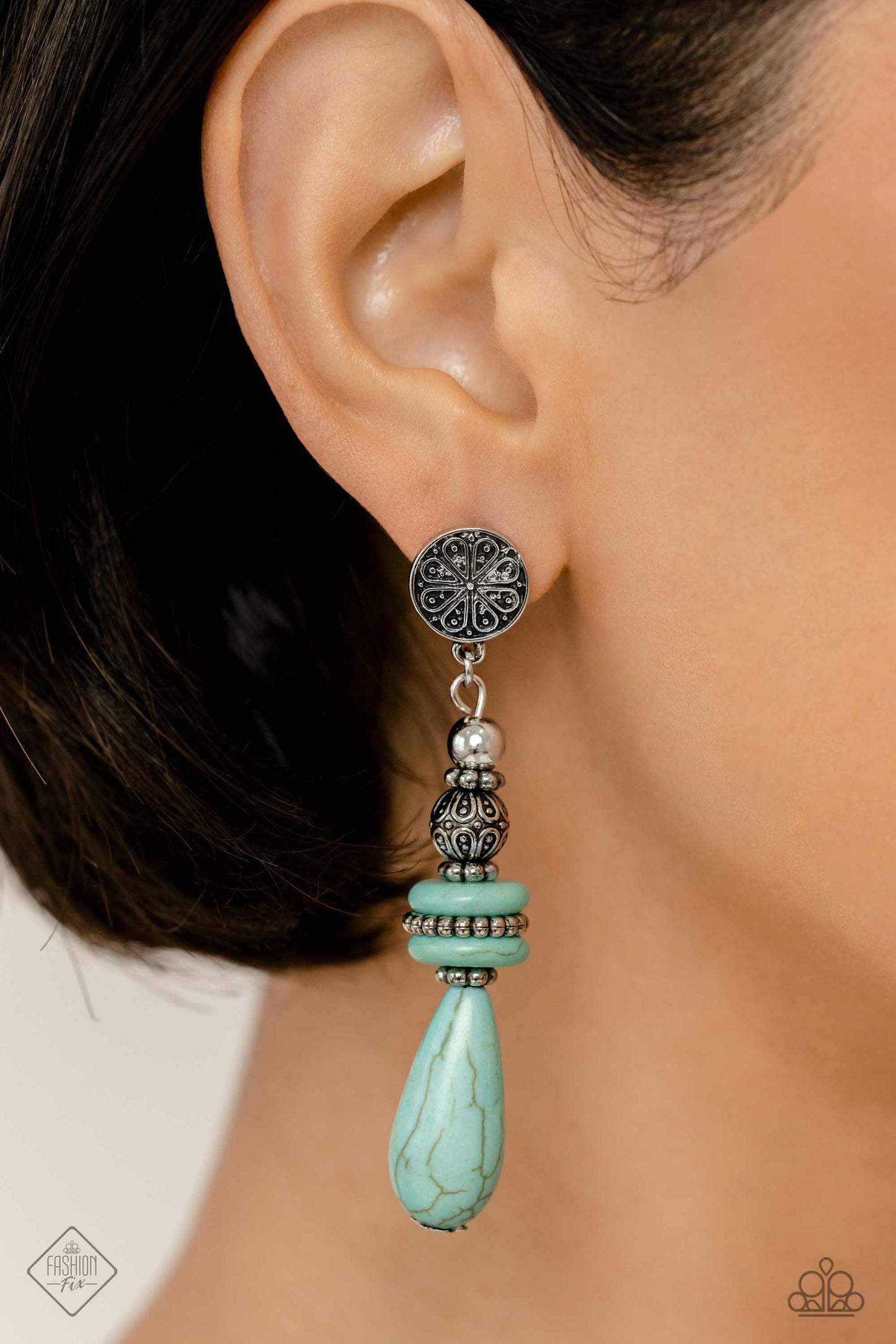 Paparazzi Accessories - Light Turquoise Blue and Silver - Simply Santa Fe - Trend Blend May 2023 Jewelry Set includes one of each accessory: Nile River Redux - Blue Necklace, Desert Fever - Blue Earrings, Changing Cleopatra - Blue​ Bracelet, and Gorgeous Gypsy - Silver Bracelet.