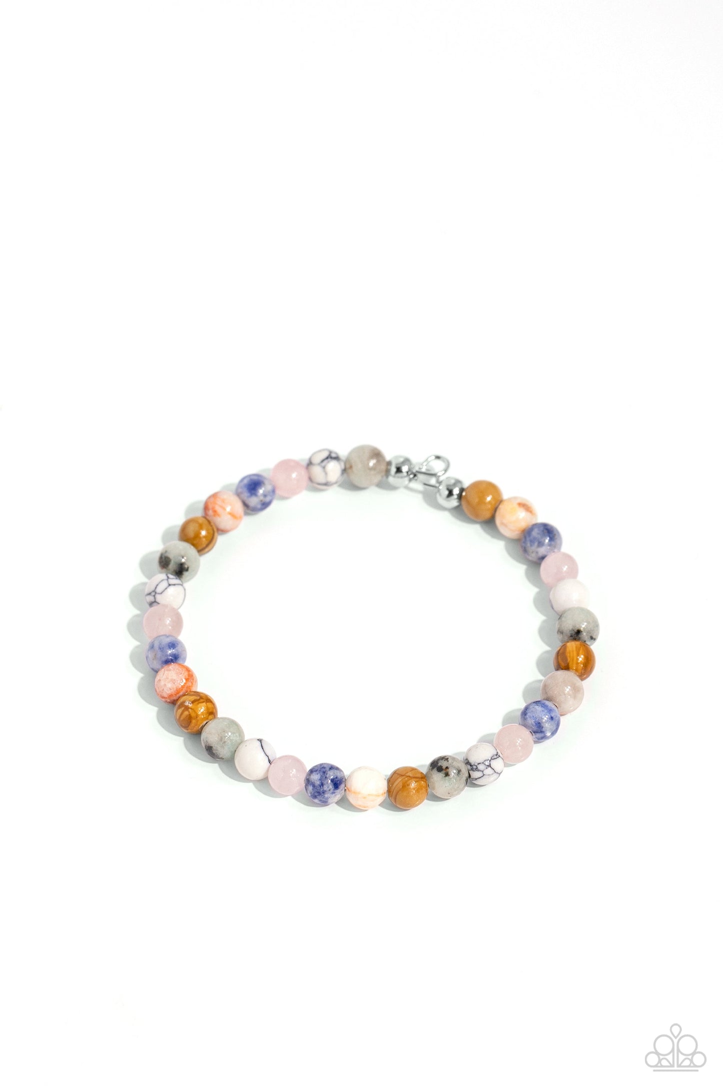 Sinuous Stones - Multi Color Bracelet - Paparazzi Accessories - Multicolored stone beads and two shimmery silver beads are threaded along a coiled wire to create a stackable earthy bracelet.